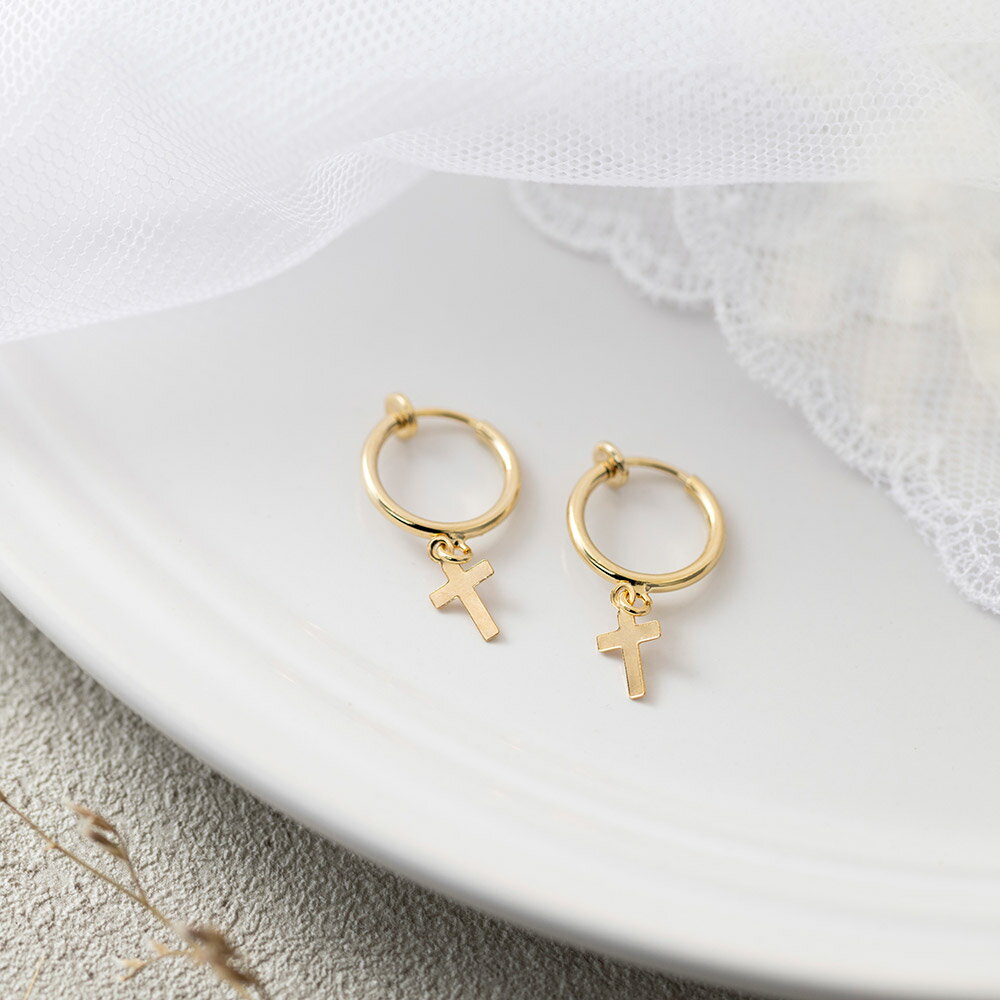 【2BUY 10%OFF！】イヤリング クロス 十字架 シンプル 揺れる ゴールド シルバー 華奢