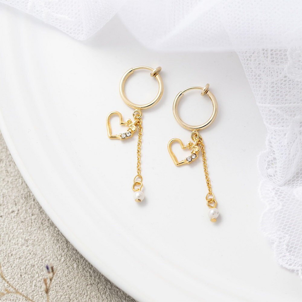 Freshwater Pearl - 【2BUY 10%OFF！】イヤリング チェーン ハート お花 花 揺れる ゴールド ゴールド シルバー