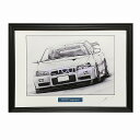 日産 ニッサン スカイライン R34 GT-R 鉛筆画 名車 旧車 ノスタルジックカー イラスト 絵画 デッサン 絵 A4サイズ 230mmX318mm 額付き...