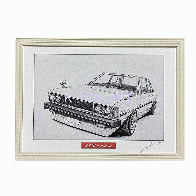 TOYOTA トヨタ TE71 カローラ セダン 鉛筆画　名車　旧車　ノスタルジックカー　イラスト 絵画 デッサン 絵　A4サイズ 230mmX318mm 額付き 作者直筆サイン入り 車好き 男性 向け お誕生日 バースデー ギフト バレンタインデー プレゼント にも最適　全国送料無料