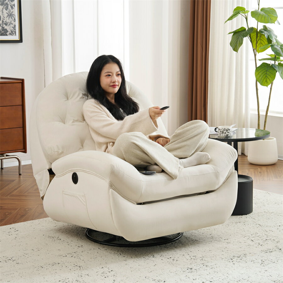 【11％OFFクーポン配布中】電動1人掛けソファー リクライニングチェア ゲーミングチェア ベルベット 貝殻のデザイン 270度回転式 背もたれ調節105-165度 USB付き 簡単昇降ボタン　快適なリビング必需品