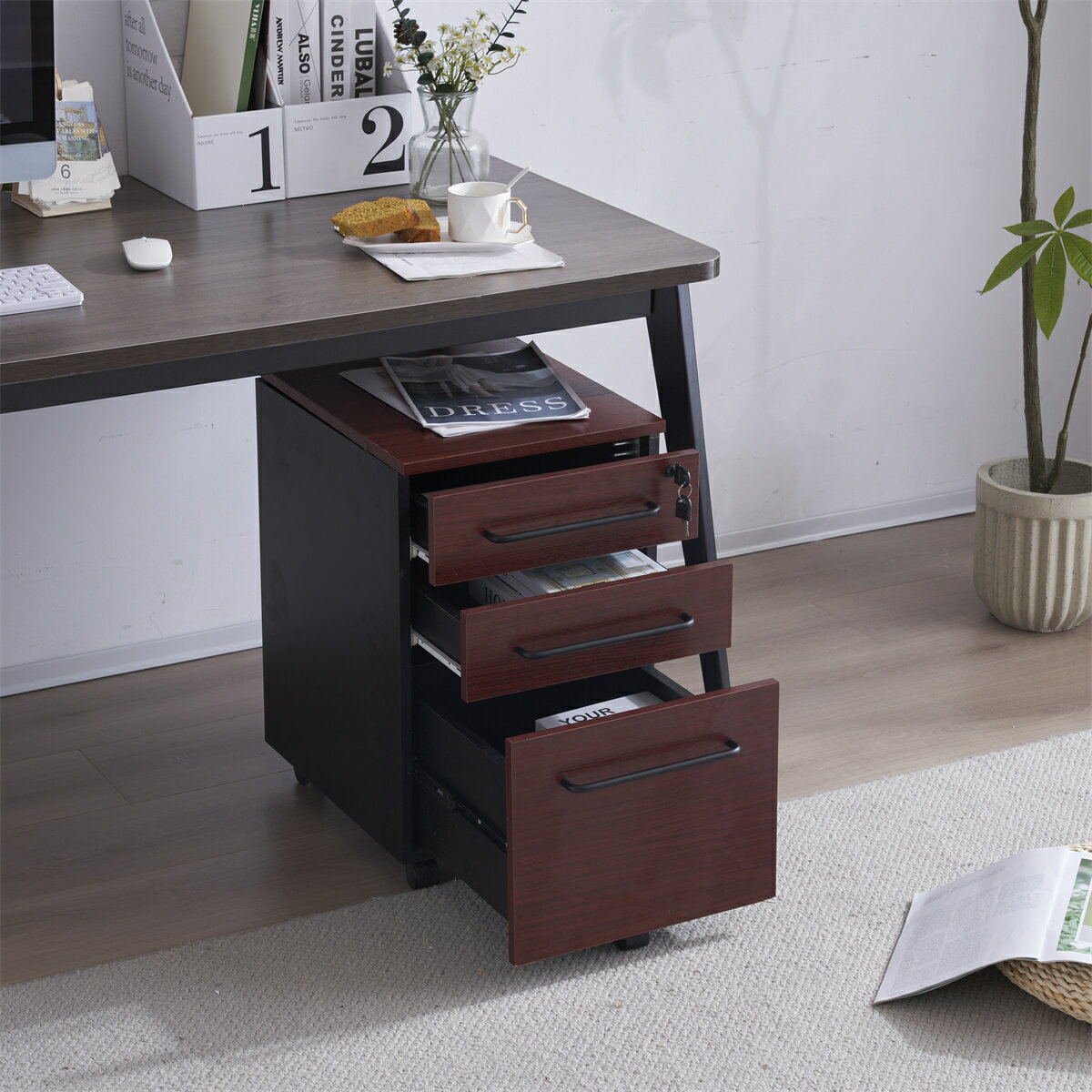 【新品登場】デスクワゴン サイドワゴン ラック 鍵付き キャスター付き 脇机 引き出し3段 ナチュラル