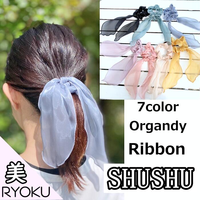 【20日ポイント5倍】レディース シュシュ オーガンジー リボン ボリューム クスミカラー 華やか お洒落 まとめ髪 ヘアゴム ヘアポニー ヘアアクセサリー まとめ髪 ポニーテール ヘアアレンジ 女性 上品 大人可愛い 人気のリボン 【メール便2,800円以上 送料無料】