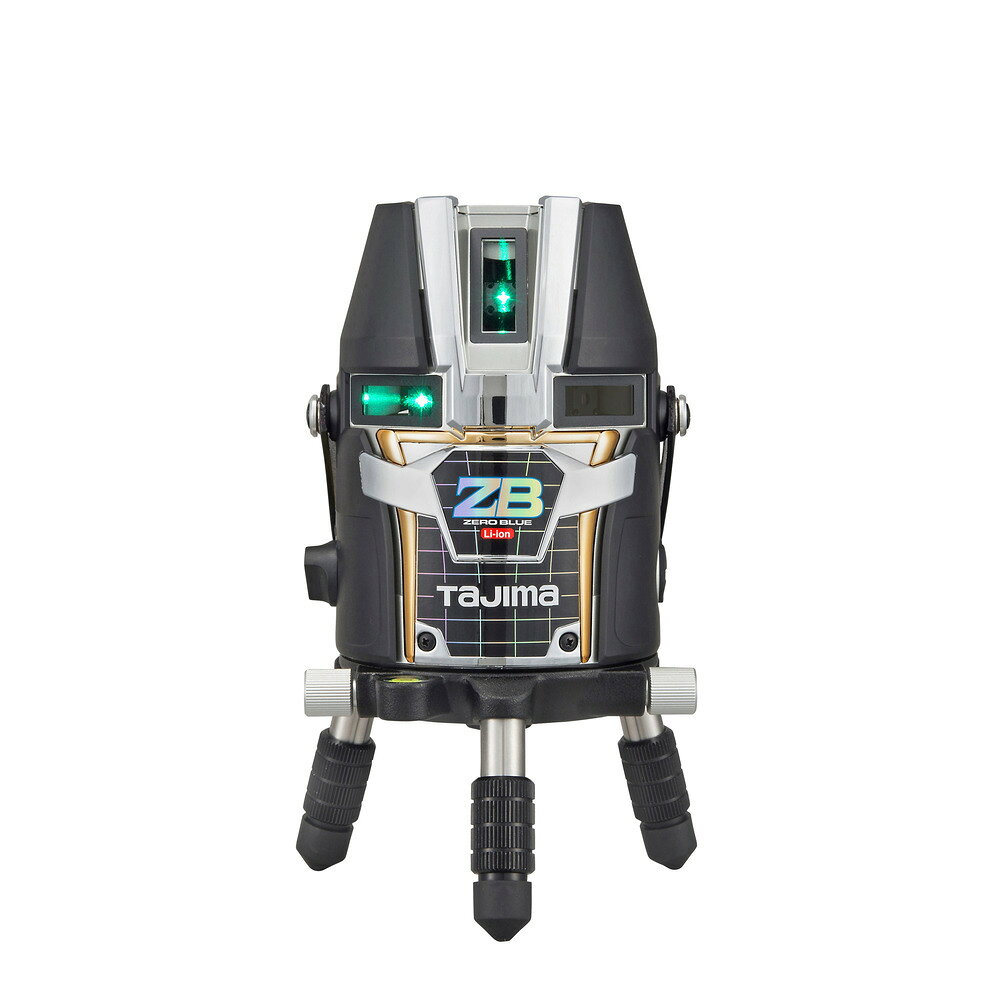 ※ お届けはタイトル記載の品番・数量のみとなります。 TAJIMA(タジマ) [ZEROBL-KY] ZERO BLUE ジンバルKY ●ギラつかない、ブルーグリーンレーザーです。 ●鮮視度300のギラつかないブルーグリーンレーザーは屋内でしっくり、屋外でもくっきり見える使い回しの良さが魅力です。 ●グリーン、レッドとのライン色識別性もありラインの使い分けができます。 ●精密な地墨合わせができる360度回転微調整機能付きです。 ●電源はリチウムイオン充電池7424仕様です。 用途：基準出し用レーザー墨出し器。 照射ライン:縦(正面・右)・水平・大矩・ポイント(鉛直・下部)。 本体サイズ・重量:高さ208×幅126mm・約1280g(電池含む)。 波長(ライン505nm・ポイント650nm)・鮮視度(セーブモード150・ジャストモード300)。 レーザー安全基準:クラス2M。 防塵・防水性能:防塵・防水設計。 照射ライン精度(10mで±0.81mm以内)・到達点距離精度(7.5mで±1mm以内)。 鉛直点精度(3mで±1mm以内)・直角精度(90度±(2mm/7.5m))。 消防法:第4類(引火性液体)・第二石油類・危険物等級3。 材質：外装:ABS・アルミ・SUS・ガラス。／内装:アルミ・銅・真鍮・ABS・PCB。 寸法：126×208×126mm（幅×高さ×奥行き） 重さ：約1280g 原産国：中国 JAN：4975364141859 セット内容： セット内容付属品:リチウムイオン充電池7424×1個・充電用ケーブルセットPU1・ショルダーベルト・専用キャリングケース。 タジマ公式カタログ：ZEROBL-KY
