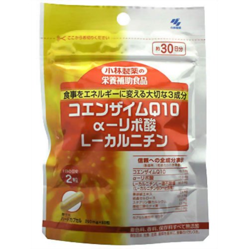 【商品説明】 「小林製薬の栄養補助食品 CoQ10+αリポ酸+Lカルニチン 60粒」は、1粒中にコエンザイムQ10を15mg、α-リポ酸を15mg、L-カルニチンを90mg配合しました。ハードカプセル。無着色、香料、保存料無添加。【広告文責...