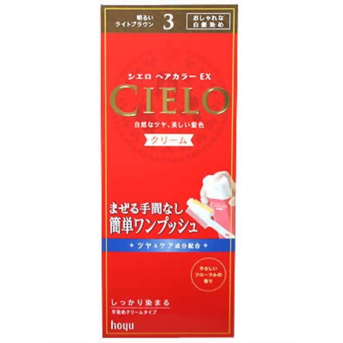 【商品説明】 「シエロ ヘアカラーEX クリーム3 (明るいライトブラウン)」は、まぜる手間のいらないワンプッシュ式のクリームタイプの白髪染めです。3つの天然ツヤ成分(毛髪保護成分)と2つのケア成分(うるおい成分、毛髪保護成分)配合。髪の状態を整えながら染めるので、ツヤやかでなめらかな染め上がりに。白髪までムラなくきれいに染め上がり、色が長持ちします。やさしいフローラルの香りで気になるニオイもしっかり抑えました。仕上がりイメージは、明るいライトブラウン。医薬部外品。【広告文責】株式会社ミサワ薬局 TEL：03-6662-6650【メーカー、製造元、輸入元、販売元】ホーユー株式会社【商品区分】医薬部外品【ご注文前に確認ください】ご注文数量を多くいただいた場合、複数梱包となることがございます。その場合の送料は【送料単価×梱包数】を頂戴しております。また、「発送目安：約3-5営業日」とご案内しておりますが、こちらより遅れることがございます。予めご了承くださいませ。※税込5,500円以上ご購入いただいた場合の送料無料サービスは1梱包のみです。複数梱包になってしまう場合、数量に応じ送料を頂戴します。