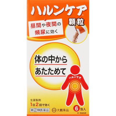 商品説明 1．ハルンケアの顆粒剤です。 2．チョコレート風味で，苦みも少なく，お薬の味が苦手な方にもおすすめ出来ます。 3．スティックタイプの顆粒剤で，携帯（旅行やお出かけ）に便利です。 4．8種類の生薬（ジオウ，タクシャ，ボタンピ，ブクリョウ，サンシュユ，サンヤク，ケイヒ，炮附子）から抽出・濃縮し，更にエタノールを加え，澱粉等を分離除去した後，エタノールを蒸発除去して製したエキスを含有する生薬製剤です。 5．体力の低下，下半身の衰え，手足の冷えを伴う方の“軽い尿もれ”，“頻尿（小便の回数が多い）”，“残尿感”，“尿が出渋る”の症状を緩和します。 ▼使用上の注意▼ ■してはいけないこと （守らないと現在の症状が悪化したり，副作用が起こりやすくなります） 次の人は服用しないでください。 　（1）胃腸の弱い人 　（2）下痢しやすい人 　（3）次の症状のある人 　　●脊髄損傷や認知症等により，「尿がもれたことに気が付かない」 　　●前立腺肥大症等により，「少量ずつ常に尿がもれる」 ■相談すること 1．次の人は服用前に医師，薬剤師又は登録販売者に相談してください。 　（1）医師の治療を受けている人 　（2）妊婦又は妊娠していると思われる人 　（3）のぼせが強く赤ら顔で体力の充実している人 　（4）今までに薬などにより発疹・発赤，かゆみ等を起こしたことがある人 　（5）漢方製剤等を服用している人（含有生薬の重複に注意する） 2．服用後，次の症状があらわれた場合は副作用の可能性があるので，直ちに服用を中止し，この説明文書を持って医師，薬剤師又は登録販売者に相談してください。 ［関係部位：症状］ 皮膚：発疹・発赤，かゆみ 消化器：吐き気・嘔吐，食欲不振，胃部不快感，下痢，腹痛，便秘 精神神経系：頭痛，めまい 循環器：動悸 呼吸器：息切れ 泌尿器：尿閉 その他：のぼせ，悪寒，浮腫，口唇・舌のしびれ 3．14日間位服用しても症状がよくならない場合は服用を中止し，この説明文書を持って医師，薬剤師又は登録販売者に相談してください。 効能・効果 体力の低下，下半身の衰え，手足の冷えを伴う次の症状の緩和：軽い尿漏れ，頻尿（小便の回数が多い），残尿感，尿が出渋る 効能関連注意 用法・用量 次の量を朝夕食前又は食間　注）　に水又はお湯で服用してください。 ［年齢：1回量：1日服用回数］ 成人（15歳以上）：1包（2.5g）：2回 小児（15歳未満）：服用しないでください。 注）食間とは食事と食事の間という意味で，食後約2時間のことです。 用法関連注意 ●定められた用法・用量を厳守してください。 成分分量：2包(5g)中 成分 分量 内訳 生薬エキスH 11mL （ジオウ5g，タクシャ・ボタンピ・ブクリョウ・サンシュユ・サンヤク各3g，ケイヒ・炮附子各1g） 添加物 ケイ酸カルシウム，スクラロース，バニリン，香料 保管及び取扱い上の注意 （1）直射日光の当たらない涼しい所に保管してください。 （2）小児の手の届かない所に保管してください。 （3）開封後の保存及び他の容器への入れ替えをしないでください（誤用の原因になったり品質が変わることがあります）。 （4）使用期限を過ぎた製品は服用しないでください。使用期限は外箱及びスティック包装に記載しています。 消費者相談窓口 会社名：大鵬薬品工業株式会社 住所：〒101-8444　東京都千代田区神田錦町1-27 問い合わせ先：お客様相談室 電話：03-3293-4509 受付時間：9：00〜17：30（土，日，祝日を除く） 製造販売会社 大鵬薬品工業（株） 会社名：大鵬薬品工業株式会社 住所：東京都千代田区神田錦町1-27 剤形：散剤 リスク区分等：第「2」類医薬品 使用期限：使用期限まで1年以上あるものをお送りします。 ※元々1年未満の商品やページに記載のあるものは上記の限りではありません。【ご注文前に確認ください】ご注文数量を多くいただいた場合、複数梱包となることがございます。その場合の送料は【送料単価×梱包数】を頂戴しております。また、「発送目安：約3-5営業日」とご案内しておりますが、こちらより遅れることがございます。予めご了承くださいませ。※税込5,500円以上ご購入いただいた場合の送料無料サービスは1梱包のみです。複数梱包になってしまう場合、数量に応じ送料を頂戴します。