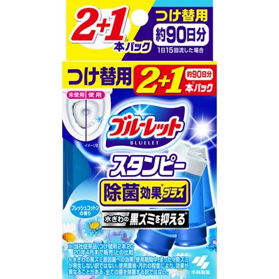 商品説明 2＋1本※パック 水ぎわの黒ズミを抑える＊ ※当社従来品（つけ替用2本2020年4月まで販売）との比較 ＊水ぎわの黒ズミ原因菌への効果。使用期間中、まったく黒ズミが発生しない訳ではない。使用環境・汚れの程度により、効果が異なることがある。全ての菌を除菌する訳ではない。 便器表面に貼り付けておくだけで、心地よい香りが広がり、水ぎわのきれいを保ちます。 ●流すたびに、トイレの水ぎわに薬剤が広がり、洗浄成分の働きでしっかり洗浄。汚れ付着防止効果と、除菌＊成分による黒ズミ発生を抑える＊効果で水ぎわのきれいを保ち、お掃除が楽になります。 ＊黒ズミの発生原因になる菌の繁殖を抑えます。ただし、すべての菌を除菌するわけではありません。使用環境・汚れの程度により、効果が異なることがあります。 ●左右2箇所に貼り付けるので、薬剤成分が水ぎわに効果的にいきわたります。 ●1回に左右2箇所に貼りつけて約1週間使用できます。（3本入りで約90日分：1本で4回分、約30日分）（気温・水温・水量などにより、多少変化します。） ●流れる水は無色です。 本品は浄化槽及び浄化槽内のバクテリアに影響を与えません。 表示成分 ＜成分＞ 界面活性剤（34％ポリオキシアルキレングリコール、ポリオキシエチレンアルキルエーテル）、香料、安定化剤 ＜液性＞ 弱酸性〜中性 用法・用量/使用方法 ＜使用できないもの＞ 陶器製以外の便器（樹脂製など）には使用できない。陶器製とわからない場合は、便器の取扱説明書でご確認ください。 ＜使用方法＞ ○容器の準備 使い終わったジェル容器の外し方 グリップをまっすぐ引き抜いて、空のジェル容器を外す。 1．キャップを外す 2．切り込み部にグリップ先端の突起部分を合わせる 3．グリップを止まるまでまっすぐ差し込む ○花びらジェルの作り方 1．グリップはまだ押さずに右に約半周カチッと止まるまで回す 2．ジェル容器先端を便器に固定する 3．ジェル容器を固定したままグリップを軽く押す 4．1．〜3．を繰り返し、2つ目の花びらジェルを作る ※ジェルの大きさが異なることがあります。 使用後は、キャップをしっかり閉めて、保管する 1週間以上経ったジェルや小さくなったジェルは、トイレブラシで擦りトイレ用洗剤として使用ください。水流の出口付近に付けると、水はねしたり薬剤が流れ落ちたりすることがあります。 ＜用途＞ 陶器製洋式トイレの便器用 ＜使用量の目安＞ 1回あたりジェル2つ（約7g） メーカーコメント 「ブルーレットスタンピー除菌効果＊プラス」の価格・容量、パッケージをリニューアル ＊水ぎわの黒ズミ原因菌に対する効果。使用期間中、まったく黒ズミが発生しない訳ではない。使用環境・汚れの程度により、効果が異なることがある。全ての菌を除菌する訳ではない。【ご注文前に確認ください】ご注文数量を多くいただいた場合、複数梱包となることがございます。その場合の送料は【送料単価×梱包数】を頂戴しております。また、「発送目安：約3-5営業日」とご案内しておりますが、こちらより遅れることがございます。予めご了承くださいませ。※税込5,500円以上ご購入いただいた場合の送料無料サービスは1梱包のみです。複数梱包になってしまう場合、数量に応じ送料を頂戴します。