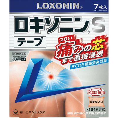 商品説明 すぐれた鎮痛消炎効果をもつ［ロキソプロフェンナトリウム水和物］を配合。 肌から吸収されると活性型に変化，つらい痛みの芯まで直接浸透してしっかり効く。 1日1回使用。貼り心地がよく，すぐれた伸縮性ではがれにくく，貼りなおしやすい。 使用上の注意 ■してはいけないこと （守らないと現在の症状が悪化したり，副作用が起こりやすくなります） 1．次の人は使用しないで下さい。 　（1）本剤又は本剤の成分によりアレルギー症状を起こしたことがある人 　（2）本剤又は他の解熱鎮痛薬，かぜ薬，外用鎮痛消炎薬を使用してぜんそくを起こしたことがある人 　（3）15歳未満の小児 2．次の部位には使用しないで下さい。 　（1）目の周囲，粘膜等 　（2）しっしん，かぶれ，傷口 　（3）みずむし・たむし等又は化膿している患部 3．本剤を使用している間は，他の外用鎮痛消炎薬を使用しないで下さい。 4．連続して2週間以上使用しないで下さい。（本剤は痛みを一時的におさえるものです。痛み等の症状が継続する場合には，使用を中止し，医師の診療を受けて下さい） ■相談すること 1．次の人は使用前に医師，薬剤師又は登録販売者に相談して下さい。 　（1）医師の治療を受けている人 　（2）薬などによりアレルギー症状を起こしたことがある人 　（3）妊婦又は妊娠していると思われる人 　（4）高齢者 　（5）次の診断を受けた人 気管支ぜんそく 2．使用後，次の症状があらわれた場合は副作用の可能性がありますので，直ちに使用を中止し，この外箱を持って医師，薬剤師又は登録販売者に相談して下さい。 ［関係部位：症状］ 皮膚：発疹・発赤，かゆみ，はれ，ヒリヒリ感，かぶれ，水疱，青あざができる，色素沈着 消化器：胃部不快感，みぞおちの痛み その他：むくみ まれに下記の重篤な症状が起こることがあります。その場合は直ちに医師の診療を受けて下さい。 ［症状の名称：症状］ ショック（アナフィラキシー）：使用後すぐに，皮膚のかゆみ，じんましん，声のかすれ，くしゃみ，のどのかゆみ，息苦しさ，動悸，意識の混濁等があらわれる。 3．使用後，次の症状があらわれることがありますので，このような症状の持続又は増強が見られた場合には，使用を中止し，この外箱を持って医師，薬剤師又は登録販売者に相談して下さい。 下痢・軟便 4．5〜6日間使用しても症状がよくならない場合は使用を中止し，この外箱を持って医師，薬剤師又は登録販売者に相談して下さい。（他の疾患の可能性があります） 効能・効果 腰痛，肩こりに伴う肩の痛み，関節痛，筋肉痛，腱鞘炎（手・手首の痛み），肘の痛み（テニス肘など），打撲，捻挫 効能関連注意 用法・用量 表面のライナー（フィルム）をはがし，1日1回患部に貼付して下さい。 用法関連注意 （1）用法・用量を厳守して下さい。 （2）本剤は，痛みやはれ等の原因になっている病気を治療するのではなく，痛みやはれ等の症状のみを治療する薬剤なので，症状がある場合だけ使用して下さい。 （3）1日あたり4枚を超えて使用しないで下さい。 （4）汗をかいたり，患部がぬれている時は，よく拭きとってから使用して下さい。 （5）皮膚の弱い人は，使用前に腕の内側の皮膚の弱い箇所に，1〜2cm角の小片を目安として半日以上貼り，発疹・発赤，かゆみ，かぶれ等の症状が起きないことを確かめてから使用して下さい。 成分分量：膏体100g中 成分分量内訳 ロキソプロフェンナトリウム水和物5.67g（無水物として5g） ［1枚あたり（7cm×10cm）膏体量1g］ 添加物 スチレン・イソプレン・スチレンブロックコポリマー，ポリイソブチレン，水添ロジングリセリンエステル，BHT，l-メントール，流動パラフィン，その他2成分 保管及び取扱い上の注意 （1）直射日光の当たらない湿気の少ない涼しい所に保管して下さい。 （2）小児の手の届かない所に保管して下さい。 （3）他の容器に入れ替えないで下さい。（誤用の原因になったり品質が変わります） （4）品質保持のため，開封後の未使用分は袋に入れ，袋のチャックをきちんと閉めて保管して下さい。 （5）表示の使用期限を過ぎた製品は使用しないで下さい。また，アルミ袋を開封した後は，なるべく早く使用して下さい。 消費者相談窓口 会社名：第一三共ヘルスケア株式会社 住所：〒103-8234　東京都中央区日本橋3-14-10 問い合わせ先：お客様相談室 電話：0120-337-336 受付時間：9：00〜17：00（土，日，祝日を除く） 製造販売会社 リードケミカル株式会社 〒930-0912 富山県富山市日俣77-3 販売会社 第一三共ヘルスケア（株） 剤形：貼付剤 リスク区分等：第2類医薬品 使用期限：使用期限まで1年以上あるものをお送りします。 ※元々1年未満の商品やページに記載のあるものは上記の限りではありません。【ご注文前に確認ください】ご注文数量を多くいただいた場合、複数梱包となることがございます。その場合の送料は【送料単価×梱包数】を頂戴しております。また、「発送目安：約3-5営業日」とご案内しておりますが、こちらより遅れることがございます。予めご了承くださいませ。※税込3,980円以上ご購入いただいた場合の送料無料サービスは1梱包のみです。複数梱包になってしまう場合、数量に応じ送料を頂戴します。