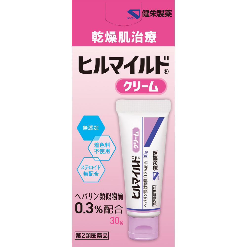 商品説明 ■しっとり潤うクリームタイプ ヘパリン類似物質配合 顔や手足の乾燥肌治療に ●使いやすいワンタッチキャップ採用 ●ステロイド無配合 ●無着色 使用上の注意 ■してはいけないこと （守らないと現在の症状が悪化したり，副作用が起こりやすくなります） 1．次の人は使用しないでください 　（1）出血性血液疾患（血友病，血小板減少症，紫斑病等）の人。 　（2）わずかな出血でも重大な結果をきたすことが予想される人。（血液凝固抑制作用を有し出血を助長するおそれがあります。） 2．次の部位には使用しないでください 　目や目の周囲，粘膜（口腔，鼻腔，膣等）。 ■相談すること 1．次の人は使用前に医師，薬剤師又は登録販売者に相談してください 　（1）医師の治療を受けている人。 　（2）薬などによりアレルギー症状を起こしたことがある人。 　（3）湿潤やただれのひどい人。 2．使用後，次の症状があらわれた場合は副作用の可能性があるので，直ちに使用を中止し，この外箱を持って医師，薬剤師又は登録販売者に相談してください ［関係部位：症状］ 皮ふ：発疹・発赤，かゆみ，はれ，紫斑 3．5～6日間使用しても症状がよくならない場合は使用を中止し，この外箱を持って医師，薬剤師又は登録販売者に相談してください 効能・効果 手指のあれ，ひじ・ひざ・かかと・くるぶしの角化症，手足のひび・あかぎれ，乾皮症，小児の乾燥性皮膚，しもやけ（ただれを除く），きず・火傷のあとの皮膚のしこり・つっぱり（顔面を除く），打身・捻挫後のはれ・筋肉痛・関節痛 用法・用量 1日1～数回，適量を患部にすりこむか，又はガーゼ等にのばして貼ってください。 用法関連注意 （1）用法用量を厳守してください。 （2）小児に使用させる場合には，保護者の指導監督のもとに使用させてください。 （3）目に入らないように注意してください。万一，目に入った場合には，すぐに水又はぬるま湯で洗ってください。なお，症状が重い場合には，眼科医の診療を受けてください。 （4）外用にのみ使用してください。 成分分量 100g中 成分/分量 ヘパリン類似物質 0.3g 添加物 サラシミツロウ，セレシン，白色ワセリン，エデト酸ナトリウム水和物，ジブチルヒドロキシトルエン，グリセリン，軽質流動パラフィン，スクワラン，グリセリン脂肪酸エステル，ポリオキシエチレンセチルエーテル，パラオキシ安息香酸プロピル，パラオキシ安息香酸メチル 保管及び取扱い上の注意 （1）直射日光の当たらない涼しい所に密栓して保管してください。 （2）小児の手の届かない所に保管してください。 （3）他の容器に入れ替えないでください。（誤用の原因になったり品質が変わることがあります。） （4）使用期限を過ぎた製品は使用しないでください。 消費者相談窓口 会社名：健栄製薬（株） 電話：（06）6231-5822 受付時間：9：00～17：00（土，日，祝日を除く） 製造販売会社 健栄製薬（株） 会社名：健栄製薬株式会社 住所：大阪市中央区伏見町2丁目5番8号 剤形 塗布剤 リスク区分等 第2類医薬品【ご注文前に確認ください】ご注文数量を多くいただいた場合、複数梱包となることがございます。その場合の送料は【送料単価×梱包数】を頂戴しております。また、「発送目安：約3-5営業日」とご案内しておりますが、こちらより遅れることがございます。予めご了承くださいませ。※税込3,980円以上ご購入いただいた場合の送料無料サービスは1梱包のみです。複数梱包になってしまう場合、数量に応じ送料を頂戴します。