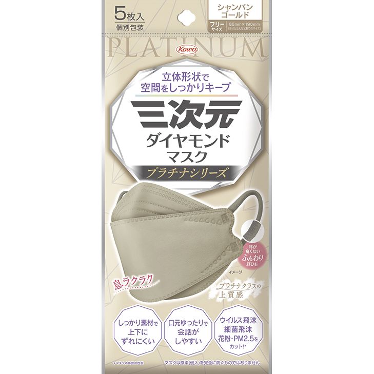 三次元ダイヤモンドマスク プラチナシリーズ フリーサイズ シャンパンゴールド 5枚【4個まで定形外可】