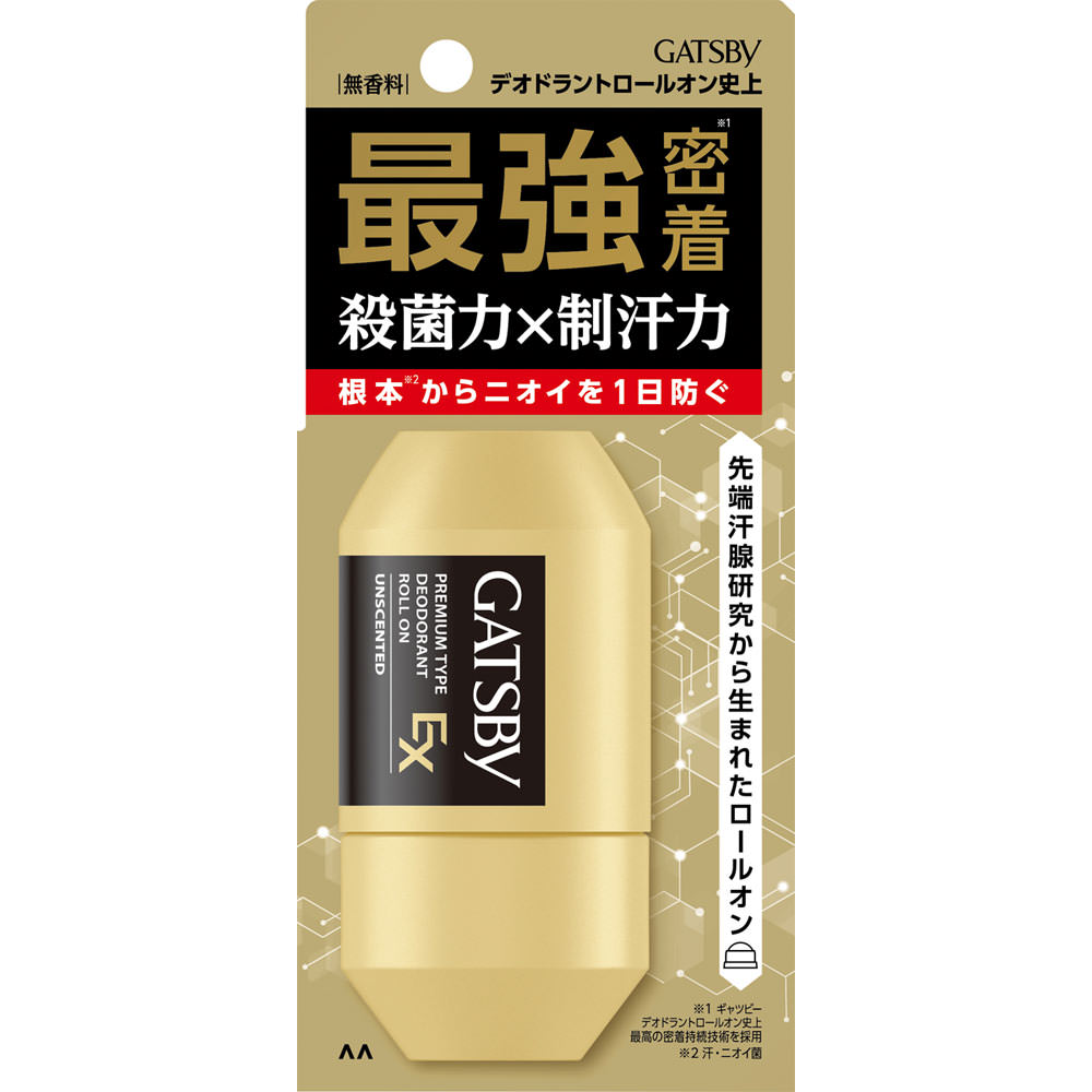 特徴 最強密着※1 殺菌力×制汗力 根本※2からニオイを1日防ぐ 先端汗腺研究から生まれたロールオン ※1 ギャツビー デオドラントロールオン史上最高の密着持続技術を採用 ※2 汗・ニオイ菌 ギャツビー デオドラントロールオン史上最強密着処方 こすれに強い皮膜を形成＋殺菌成分を肌にとどめる ○W殺菌処方 2種類の殺菌成分配合 汗・皮脂が出やすい男の肌でもしっかりニオイを防ぐ ○徹底汗ケア 制汗成分が汗の出口にフタ＆吸水速乾成分が漏れ出た汗を素早く乾かすから快適肌が続く ■乾きが早くベタつきにくい ■ビッグボールで素早くムラなく塗れる 効能・効果 わきが（腋臭）、皮ふ汗臭、制汗 表示成分 ＜有効成分＞ クロルヒドロキシアルミニウム、イソプロピルメチルフェノール、塩化ベンザルコニウム液 ＜その他の成分＞ エタノール、精製水、ポリエチレングリコール400、常水、トリ2-エチルヘキサン酸グリセリル、l-メントール、ヒドロキシプロピルセルロース、アクリル酸アルキル共重合体エマルション（1）、グリチルリチン酸モノアンモニウム、ポリエチレングリコール【ご注文前に確認ください】ご注文数量を多くいただいた場合、複数梱包となることがございます。その場合の送料は【送料単価×梱包数】を頂戴しております。また、「発送目安：約3-5営業日」とご案内しておりますが、こちらより遅れることがございます。予めご了承くださいませ。※税込3,980円以上ご購入いただいた場合の送料無料サービスは1梱包のみです。複数梱包になってしまう場合、数量に応じ送料を頂戴します。