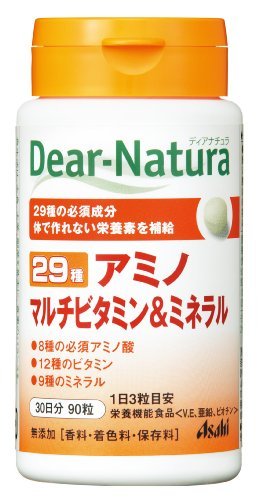 商品説明 「ディアナチュラ 29アミノ マルチビタミン&ミネラル 90粒」は、ビタミンB6の栄養機能食品です。さらに必須アミノ酸8種、ビタミン12種、ミネラル9種を配合。まとめて栄養素が摂りたい方に。香料・着色・保存料は不使用です。 栄養機能 ビタミンB6は、たんぱく質からのエネルギー産生と皮膚や粘膜の健康維持を助ける栄養素です。 お召し上がり方 1日3粒を目安に、水またはお湯とともにお召し上がりください。 摂取上の注意 ●体質によりまれに身体に合わない場合があります。その場合は使用を中止してください。 ●体調や体質により、まれに発疹などのアレルギー症状が出る場合があります。 ●小児の手の届かないところに置いてください。 ●表面に見える斑点は原料由来のものです。 ●天然由来の原料を使用しているため、色やにおいが変化する場合がありますが、品質には問題ありません。 ●多量に摂取すると軟便(下痢)になることがあります。乳幼児・小児は本品の摂取を避けてください。 ●亜鉛の摂りすぎは、銅の吸収を阻害するおそれがありますので、過剰摂取にならないよう注意してください。 ●本品は、特定保健用食品とは異なり、厚生労働省の個別審査を受けたものではありません。 ●多量摂取により疫病が治癒したり、より健康が増進するものではありません。1日の摂取目安量を守ってください。 ●食生活は、主食、主菜、副菜を基本に、食事のバランスを。 保存方法 直射日光をさけ、湿気の少ない涼しい場所に保管してください。【ご注文前に確認ください】ご注文数量を多くいただいた場合、複数梱包となることがございます。その場合の送料は【送料単価×梱包数】を頂戴しております。また、「発送目安：約3-5営業日」とご案内しておりますが、こちらより遅れることがございます。予めご了承くださいませ。※税込5,500円以上ご購入いただいた場合の送料無料サービスは1梱包のみです。複数梱包になってしまう場合、数量に応じ送料を頂戴します。