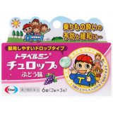 商品説明 「トラベルミン チュロップ ぶどう味 6錠」は、乗りもの酔いを予防・緩和する医薬品です。服用しやすいドロップタイプ。ぶどう味。医薬品。 使用上の注意 ●してはいけないこと (守らないと現在の症状が悪化したり副作用・事故が起こりやすくなる) 1.本剤を服用している間は、次のいずれの医薬品も服用しないでください 他の乗物酔い薬、かぜ薬、解熱鎮痛薬、鎮静薬、鎮咳去痰薬、胃腸鎮痛鎮痙薬、抗ヒスタミン剤を含有する内服薬(鼻炎用内服薬、アレルギー用薬) 2.服用後、乗物又は機械類の運転操作をしないでください(眠気があらわれることがあります) ●相談すること 1.次の人は服用前に医師又は薬剤師に相談してください (1)医師の治療を受けている人 (2)妊婦又は妊娠していると思われる人 (3)高齢者 (4)本人又は家族がアレルギー体質の人 (5)薬によりアレルギー症状を起こしたことがある人 (6)次の症状のある人：排尿困難 (7)次の診断を受けた人：緑内障、心臓病 2.次の場合は、直ちに服用を中止し、この説明文書をもって医師又は薬剤師に相談してください 服用後、次の症状があらわれた場合関係部位症状 皮 ふ発疹・発赤、かゆみ 精神神経系頭痛 その他顔のほてり、排尿困難、異常なまぶしさ 3.次の症状があらわれることがあるので、このような症状の継続又は増強がみられた場合には、服用を中止し、医師又は薬剤師に相談してください 口のかわき、便秘 効能・効果 乗物酔によるめまい・吐き気・頭痛の予防及び緩和 用法・用量 乗りもの酔いの予防には、乗物に乗る30分前に、次の1回量をかむか、口中で溶かして服用してください。年 齢1回量1日服用回数 大人(15歳以上)2錠4時間以上の間隔をおいて2回まで 11歳以上15歳未満 5歳以上11歳未満1錠 5歳未満服用しないこと ●なお追加する場合は、1回量を4時間以上の間隔をおいて服用してください。1日の服用回数は2回までとしてください。 ●小児(5歳以上15歳未満)に服用させる場合には、保護者の指導監督のもとに服用させること。修学旅行などに持たせる場合には、事前に用法・用量など、服用方法をよく指導してください。 **ご注意** ●本品はかむか、口中で溶かして服用する薬剤です。誤って喉につまらせないように、十分に注意してください。 ●服用する時は1錠ずつとし、1度に2錠を口中に入れないでください。 成分・分量 1回量(11歳以上)2錠中に次の成分を含みます。成 分含 量働 き d-クロルフェニラミンマレイン酸塩1.33mg自律神経に働き、乗りもの酔い症状を予防・緩和します。 スポコラミン臭化水素酸塩水和物0.166mg乗りものによって起こる感覚の混乱を軽減します。 添加物として、エタノール、クエン酸、プロピレングリコール、l-メントール、香料、アセスルファムK、還元パラチノース、グリセリン脂肪酸エステル、銅クロロフィリンNaを含有します。 保管および取扱い上の注意 (1)直射日光の当たらない湿気の少ない涼しい所に保管してください。 (2)小児の手の届かない所に保管してください。 (3)他の容器に入れ替えないでください。また、本容器内に他の薬剤等を入れないでください。(誤用の原因になったり品質が変わります) (4)1包を分けて服用したときの残りは、袋の口を折り返して保管し、なるべく早く服用してください。 (5)使用期限をすぎた製品は使用しないでください。 お問い合わせ先 ●お買い求めのお店 ●エーザイ「お客様ホットライン室」 (フリーダイヤル 0120-161-454) 受付時間：平日9:00-18:00(土、日、祝日 9:00-17:00) ●製造販売元 高市製薬株式会社 奈良県高市郡明日香村野口10 ●発売元 エーザイ株式会社 東京都文京区小石川4-6-10リスク区分等：第2類医薬品使用期限：使用期限まで1年以上あるものをお送りします。※元々1年未満の商品やページに記載のあるものは上記の限りではありません。【ご注文前に確認ください】ご注文数量を多くいただいた場合、複数梱包となることがございます。その場合の送料は【送料単価×梱包数】を頂戴しております。また、「発送目安：約3-5営業日」とご案内しておりますが、こちらより遅れることがございます。予めご了承くださいませ。※税込5,500円以上ご購入いただいた場合の送料無料サービスは1梱包のみです。複数梱包になってしまう場合、数量に応じ送料を頂戴します。