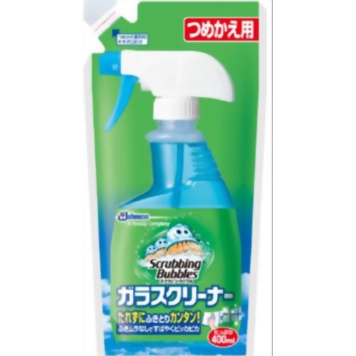 「スクラビングバブル ガラスクリーナー つめかえ用 400ml」は、“汚れにはりつく洗浄液"で拭きとりしやすいガラス用クリーナーです。垂直面でもたれにくいので、ふきとり簡単。2度ぶきいらずでふきムラのない透明な仕上がりに。詰め替え用。【ご注文前に確認ください】ご注文数量を多くいただいた場合、複数梱包となることがございます。その場合の送料は【送料単価×梱包数】を頂戴しております。また、「発送目安：約3-5営業日」とご案内しておりますが、こちらより遅れることがございます。予めご了承くださいませ。※税込5,500円以上ご購入いただいた場合の送料無料サービスは1梱包のみです。複数梱包になってしまう場合、数量に応じ送料を頂戴します。