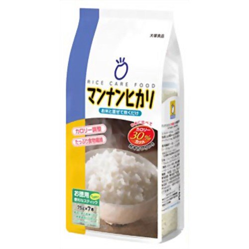 「マンナンヒカリ 75g×7本」は、お米と混ぜて炊くだけでのこんにゃくごはんです。ごはんと変わらない風味、食感にグレードアップ。冷凍してもおいしく召し上がれます。 おいしいマンナンヒカリごはんの炊き方 1.お米を洗い、水切りします。 *マンナンヒカリは洗わないでください。 2.水切りしたお米に本品を加えます。 *分量のめやすは下記をご覧下さい。 3.水を加え軽くかき混ぜ、通常どおり炊飯します。 *水が白く濁りますが、問題ありません。 ●分量の目安● ・カロリー33%カット 炊き上がり2合の場合 米1合+本品1本75g+水 釜2合目盛りまで *1合：米約150g ・カロリー50%カット 炊き上がり2合の場合 米1/2合+本品1・1/2本113g+水 釜2合目盛りまで 取り扱い上の注意 ●医師にエネルギー摂取量の制限を指示された場合に限り指示されたエネルギーの範囲内で使用してください。 ●医師・管理栄養士等の相談、指導を得て使用してください。 ●本品は食事療法の素材として適するものであって、多く摂取することによって疾病が治癒するというものではありません。 保存方法 高温多湿を避け常温で保存 食物繊維(ファイバー)とは 従来の日本人の食生活では食物繊維の不足は考えられませんでした。ところが、食生活が欧米化し、動物性脂肪の摂取が増え、最近では食物繊維の重要性が認識されています。 賞味期限等の表記について パッケージに記載。【ご注文前に確認ください】ご注文数量を多くいただいた場合、複数梱包となることがございます。その場合の送料は【送料単価×梱包数】を頂戴しております。また、「発送目安：約3-5営業日」とご案内しておりますが、こちらより遅れることがございます。予めご了承くださいませ。※税込5,500円以上ご購入いただいた場合の送料無料サービスは1梱包のみです。複数梱包になってしまう場合、数量に応じ送料を頂戴します。