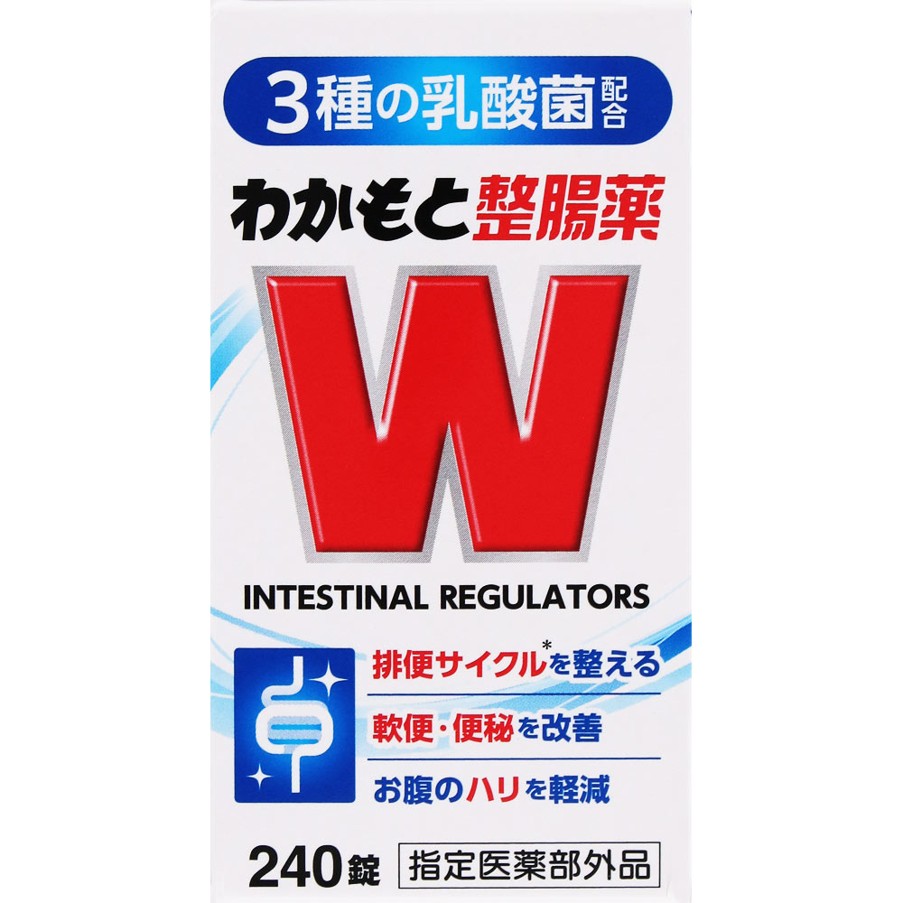特徴 3種の乳酸菌配合 わかもと整腸薬は、乳酸菌3種配合の整腸薬です。 ◆2種類のビフィズス菌が、主に大腸で悪玉菌の増殖を抑えて、おなかの調子を整えます。 ◆ガッセリ菌が、主に小腸で悪玉菌の増殖を抑えて、おなかの調子を整えます。 ◆1回2錠（15歳以上）の服用で、整腸効果を発揮します。 排便サイクル＊を整える 軟便・便秘を改善 お腹のハリを軽減 生きた乳酸菌で、腸イキイキ！ 乳酸と酢酸を産生し、悪玉菌の増殖を抑えます ○小腸に働く乳酸菌 ガッセリ菌 酸素があっても生育できるため、上部消化管の小腸で働きます ○大腸に働く乳酸菌 ビフィダム菌・ロンガム菌 酸素があると生育できないため、下部消化管の大腸で働きます ＊排便サイクルとは便通のことです。 効能・効果 ○整腸（便通を整える）、便秘、軟便、腹部膨満感 便秘ぎみの方 軟便ぎみの方 お腹が張る方 腸の老化からくる便秘・軟便が気になる方 表示成分 ＜成分＞ 6錠（成人1日量）中 ビフィズス菌（ビフィドバクテリウム・ロンガム菌散）（ビフィドバクテリウム・ビフィダム菌散）・・・72mg （腸内で産生する乳酸や酢酸によって、悪玉菌の増殖や悪玉菌がつくる有害物質を抑え、腸内菌叢を整えます。） ラクトミン（ラクトバチルス・アシドフィルス菌散 新分類名：ラクトバチルス・ガッセリ菌散）・・・36mg （腸内で産生する乳酸や酢酸によって、悪玉菌の増殖や悪玉菌がつくる有害物質を抑え、腸内菌叢を整えます。） ※添加物として、乳糖水和物、バレイショデンプン、粉末還元麦芽糖水アメ、ポビドン、ステアリン酸マグネシウムを含有します。 用法・用量/使用方法 ＜用法・用量＞ 次の用量を1日3回、朝昼夕食後服用してください。 ※食後とは、食事の後30分以内をいいます。 成人（15歳以上）・・・1回量2錠、1日服用回数3回 5歳以上 15歳未満・・・1回量1錠、1日服用回数3回 5歳未満・・・服用しないこと【ご注文前に確認ください】ご注文数量を多くいただいた場合、複数梱包となることがございます。その場合の送料は【送料単価×梱包数】を頂戴しております。また、「発送目安：約3-5営業日」とご案内しておりますが、こちらより遅れることがございます。予めご了承くださいませ。※税込3,980円以上ご購入いただいた場合の送料無料サービスは1梱包のみです。複数梱包になってしまう場合、数量に応じ送料を頂戴します。