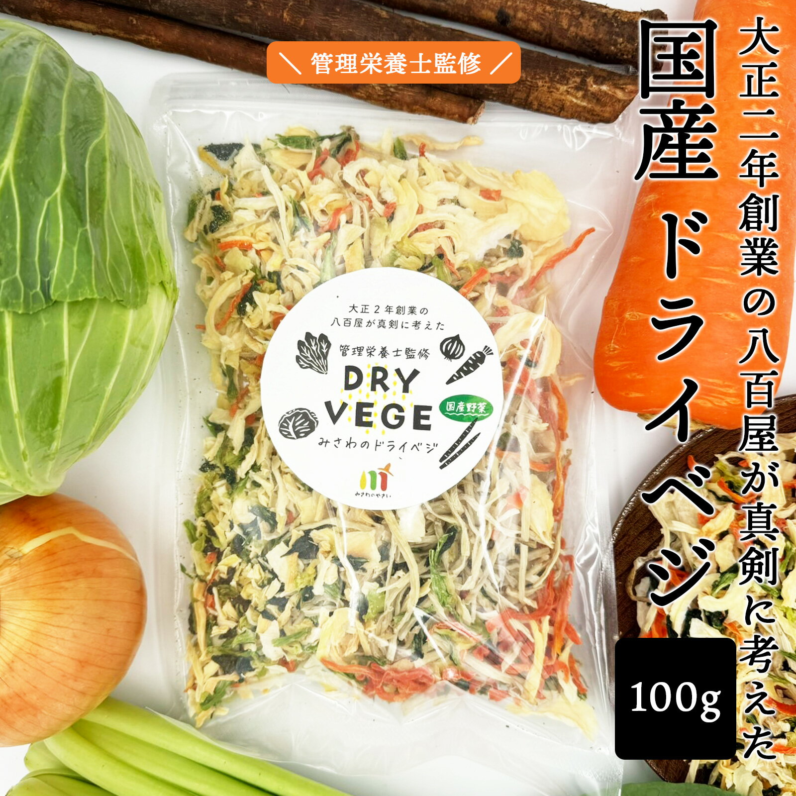 【送料無料】 乾燥野菜 国産 お試し 100g ドライベジ 管理栄養士監修 大正2年創業の八百屋が真剣に考えたドライベジ カット野菜 野菜ミックス メール便 手軽 簡単 便利 時短 料理 保存食 アウトドア キャンプ 非常食 常備 野菜不足 フリーズドライ 調理不要