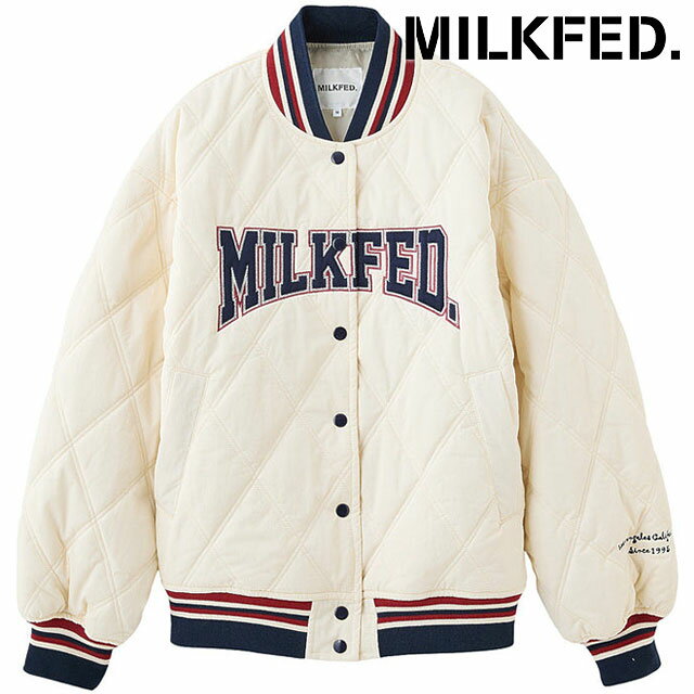 【30%OFF/SALE】ミルクフェド MILKFED. サテンロゴパッチ キルテッドジャケット [103254021003 FW25] SATIN LOGO PATCH QUILTED JACKET レディース アウター 中綿ジャケット スタジャン 防寒 オフホワイト 正規取扱店【ts】【e】