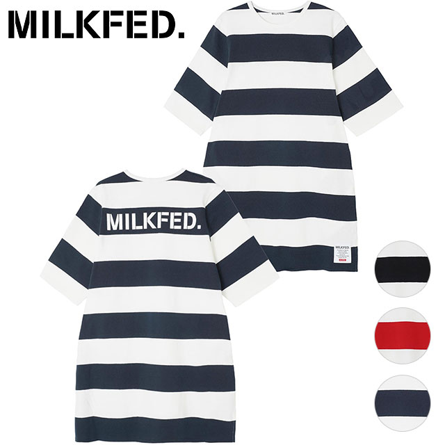 【在庫限り】ミルクフェド MILKFED. レディース バックロゴ ストライプド チュニック [103232041014 SU23] BACK LOGO STRIPED TUNIC トップス 半袖 Tシャツ カットソー 【メール便可】【ts】