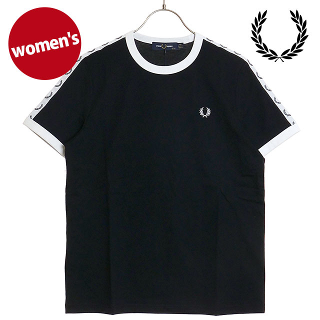 フレッドペリー FRED PERRY レディース テープドリンガーTシャツ [G4620-184 SS24Q2] TAPED RINGER T-SHIRT トップス 半袖 クルーネック BLACK 【メール便可】