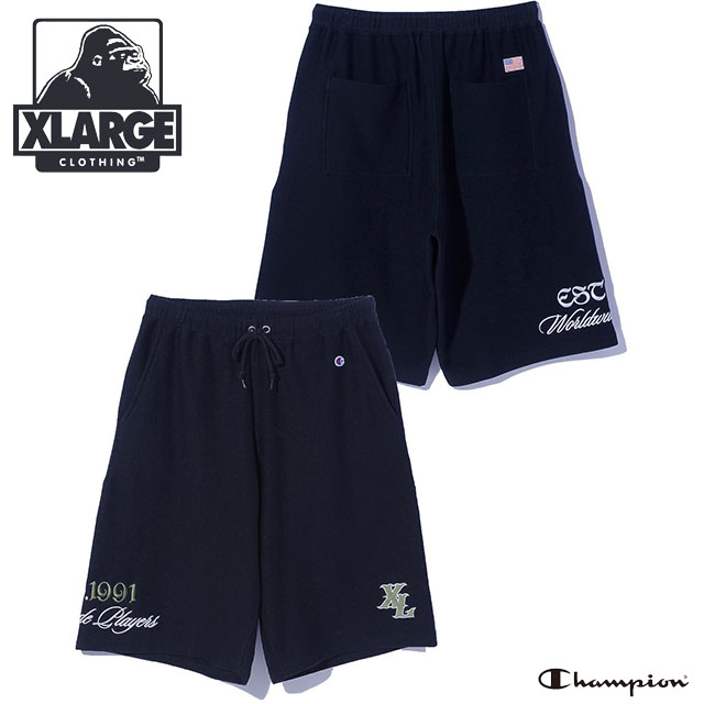 乐天商城 - 【最大100%ポイントバック】エクストララージ XLARGE メンズ チャンピオン スウェットショーツ [101261031021 SS26SPOT] XLARGE×Champion SWEAT SHORTS ボトムス ハーフパンツ 短パン 黒 BLACK 正規取扱店