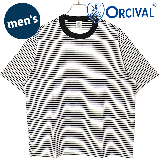 乐天商城 - オーシバル ORCIVAL メンズ クルーネック ショートスリーブプルオーバー [OR-C0517-CCF SS26] CREW NECK S/S P.O. トップス カットソー 半袖Tシャツ ボーダー 日本製 白 WHITE/BLACK 【メール便可】 正規取扱店