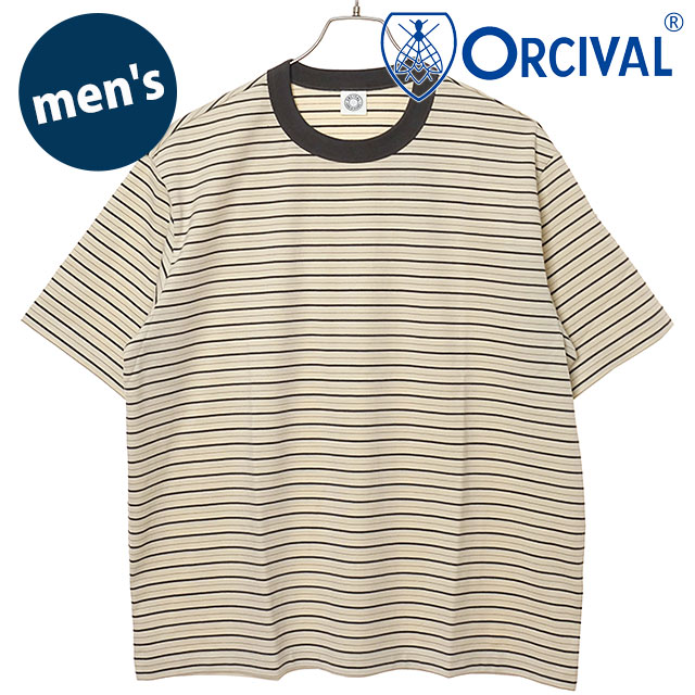 樂天商城 - 【最大100%ポイントバック】オーシバル ORCIVAL メンズ クルーネック ショートスリーブプルオーバー [OR-C0517-CCF SS26] CREW NECK S/S P.O. トップス カットソー 半袖Tシャツ ボーダー 日本製 ベージュ IVORY/GREY/BEIGE（GREY-BINDER） 【メール便可】 正規取扱店【cp】