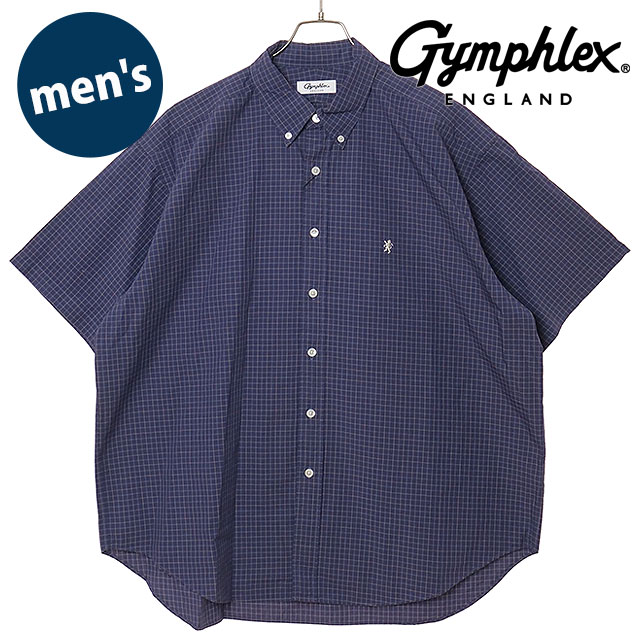 ジムフレックス Gymphlex メンズ ボタンダウンショツ ショートスリーブ  B.D. SHIRT S/S トップス 半袖 ワンポイント チェックシャツ ネイビー NAVY/WHITE-CHECK(OFF-WHITE) 正規取扱店