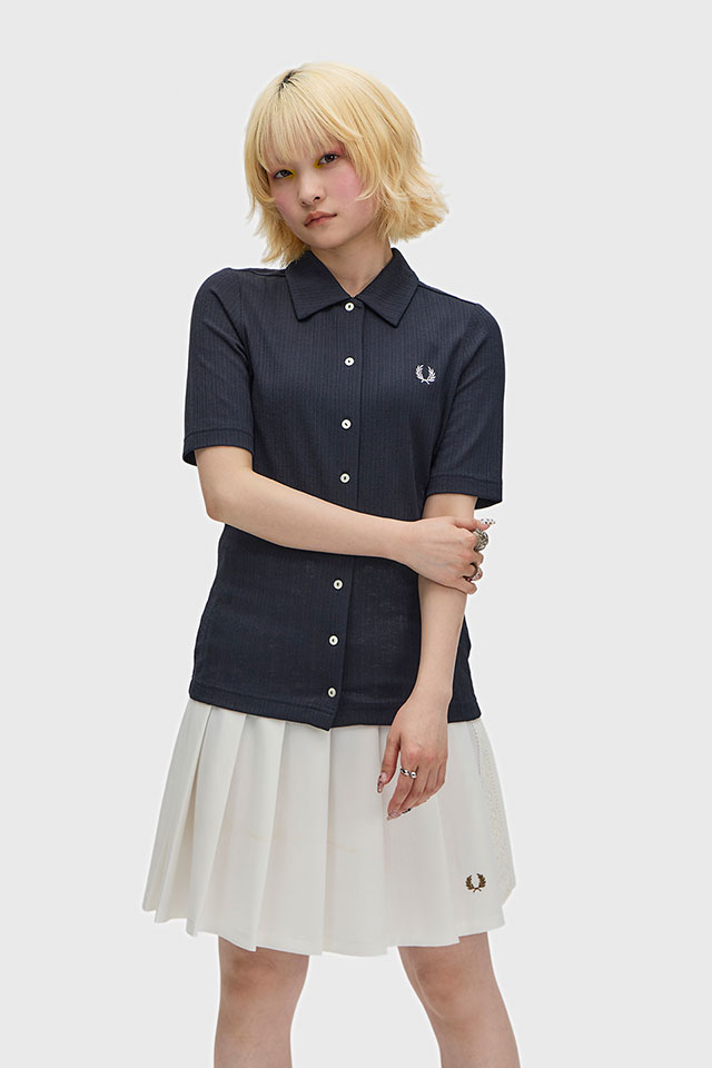 Rakuten - 【最大100%ポイントバック】フレッドペリー FRED PERRY レディース ボタンスルーシアーリブポロシャツ [G2185-608 SS26Q2] BUTTON-THROUGH SHEER RIB POLO SHIRT トップス 半袖 フルボタン ネイビー NAVY 正規取扱店