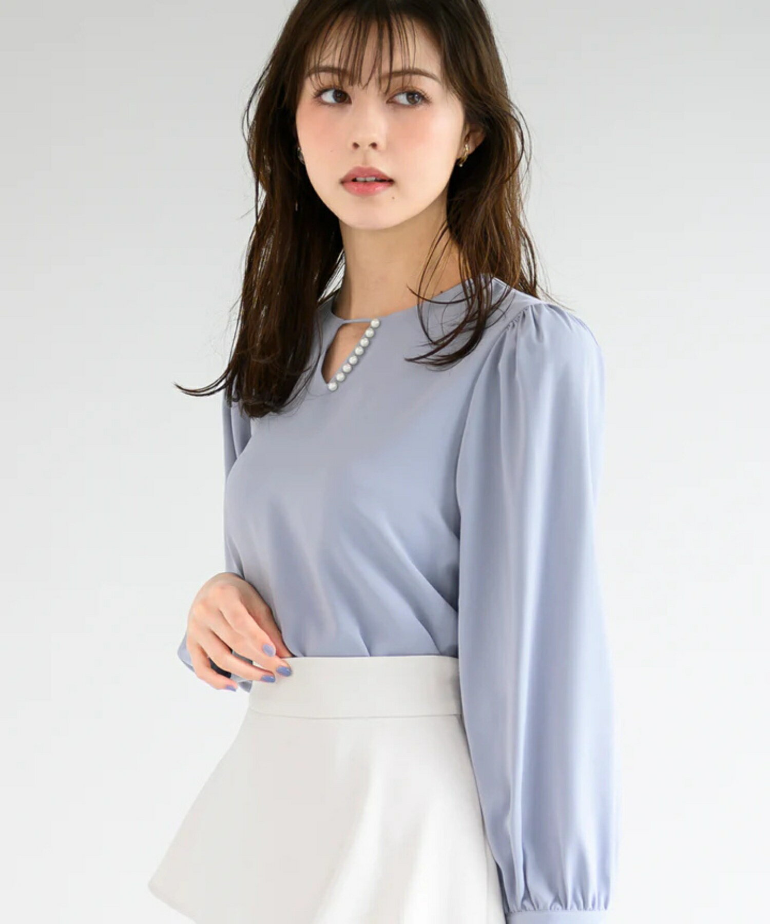 【SALEアウトレット】裏地付きパールブラウス MM448104 ミッシュマッシュ ブラウス 長袖 秋冬 アウトレット オフィス パール付き 裏地付き