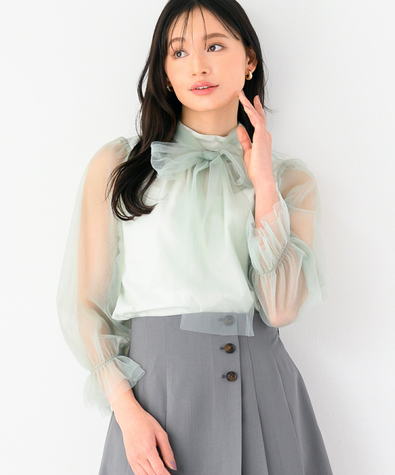 【ポイント5倍】【クーポン有】【50%OFF】【定価7,920円→3,960円】【2025春夏アイテム】チュールボウタイブラウス/MM518104/ミッシュマッシュ/きれいめ/トップス/夏服/夏トップス//シアー/透け感/韓国/韓国ファッションのサムネイル