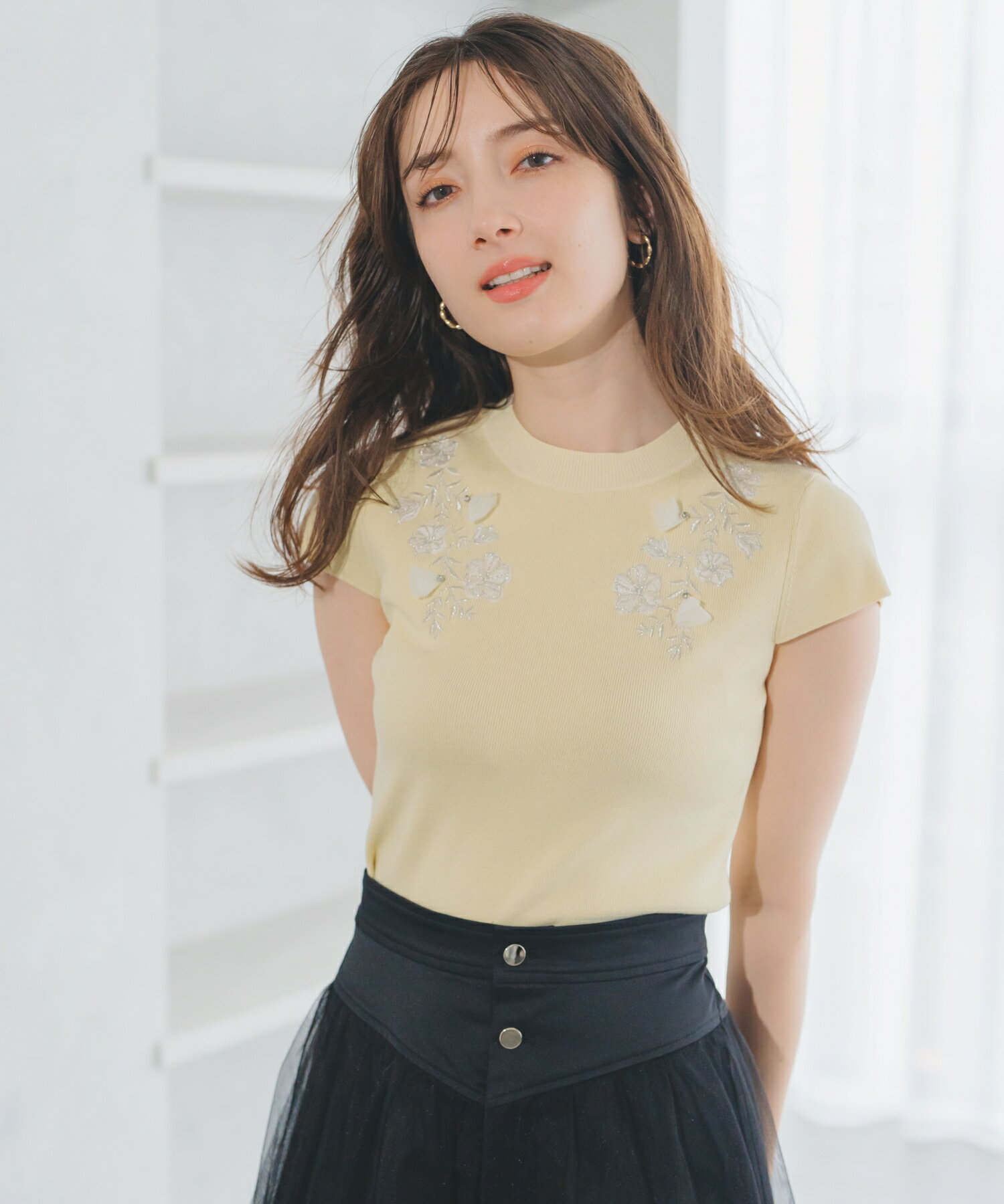 【50%OFF】【2025春夏アイテム】フラワー刺繍フレンチスリーブニット/MM528310/MISCH MASCH/ミッシュマッシュ/リブニット/ニット生地/半袖/フレンチ袖/花柄/刺繍/トップス/夏服/きれいめのサムネイル