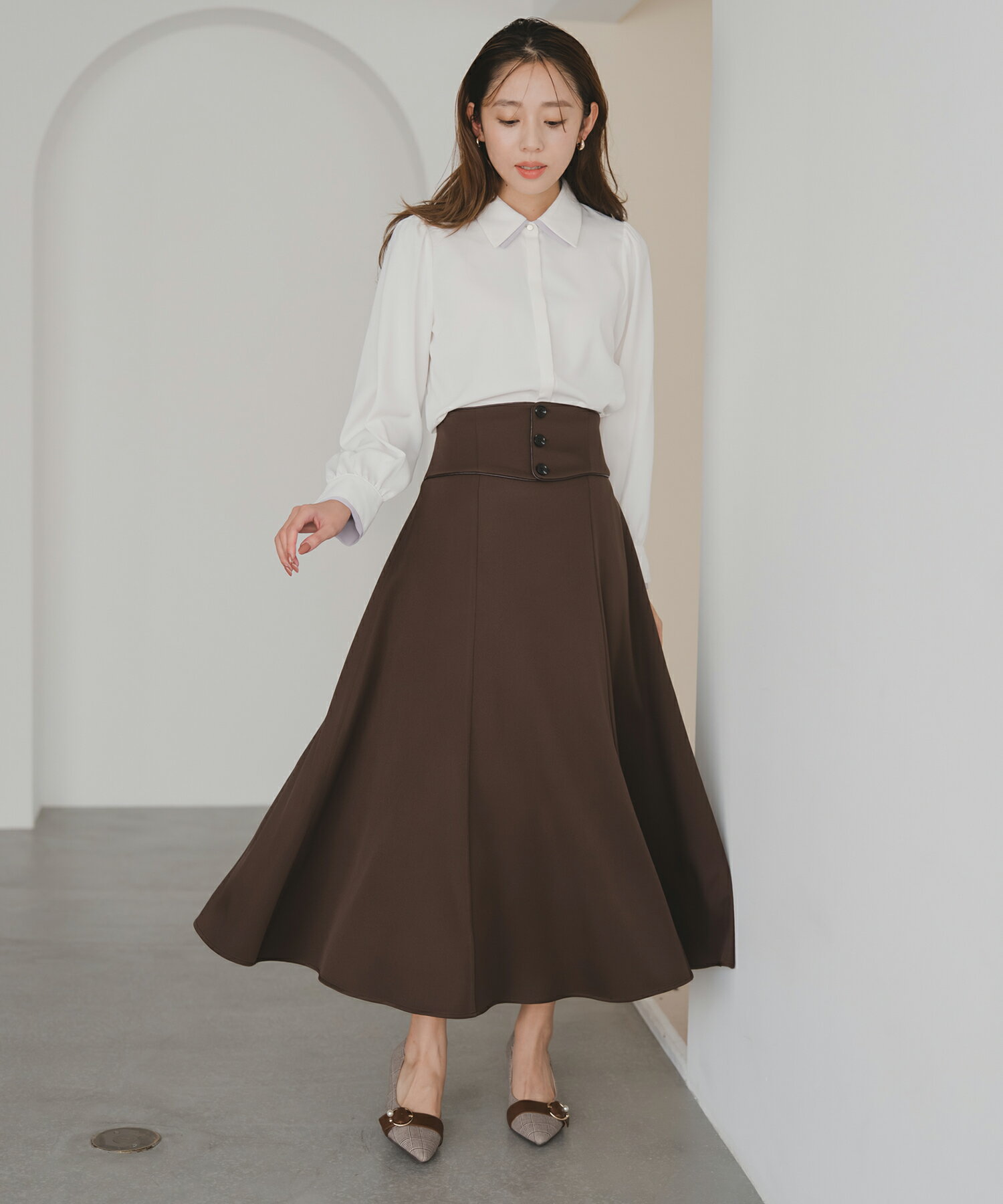 【2025秋冬アイテム】パイピングコルセットベルトAラインスカート/MM547211 ミッシュマッシュ 体型カバー スタイルアップ ロング丈 ロングスカート 秋冬