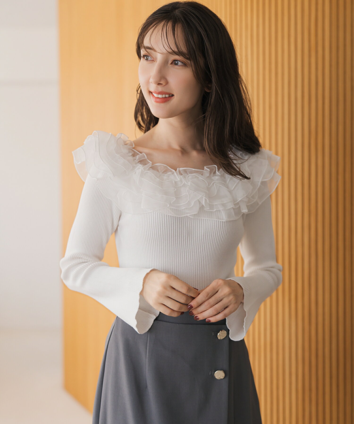 【ポイント5倍】【2025秋冬アイテム】2wayシアーフリルニット/MM548301 ミッシュマッシュ 長袖 2way シアー オフショルのサムネイル