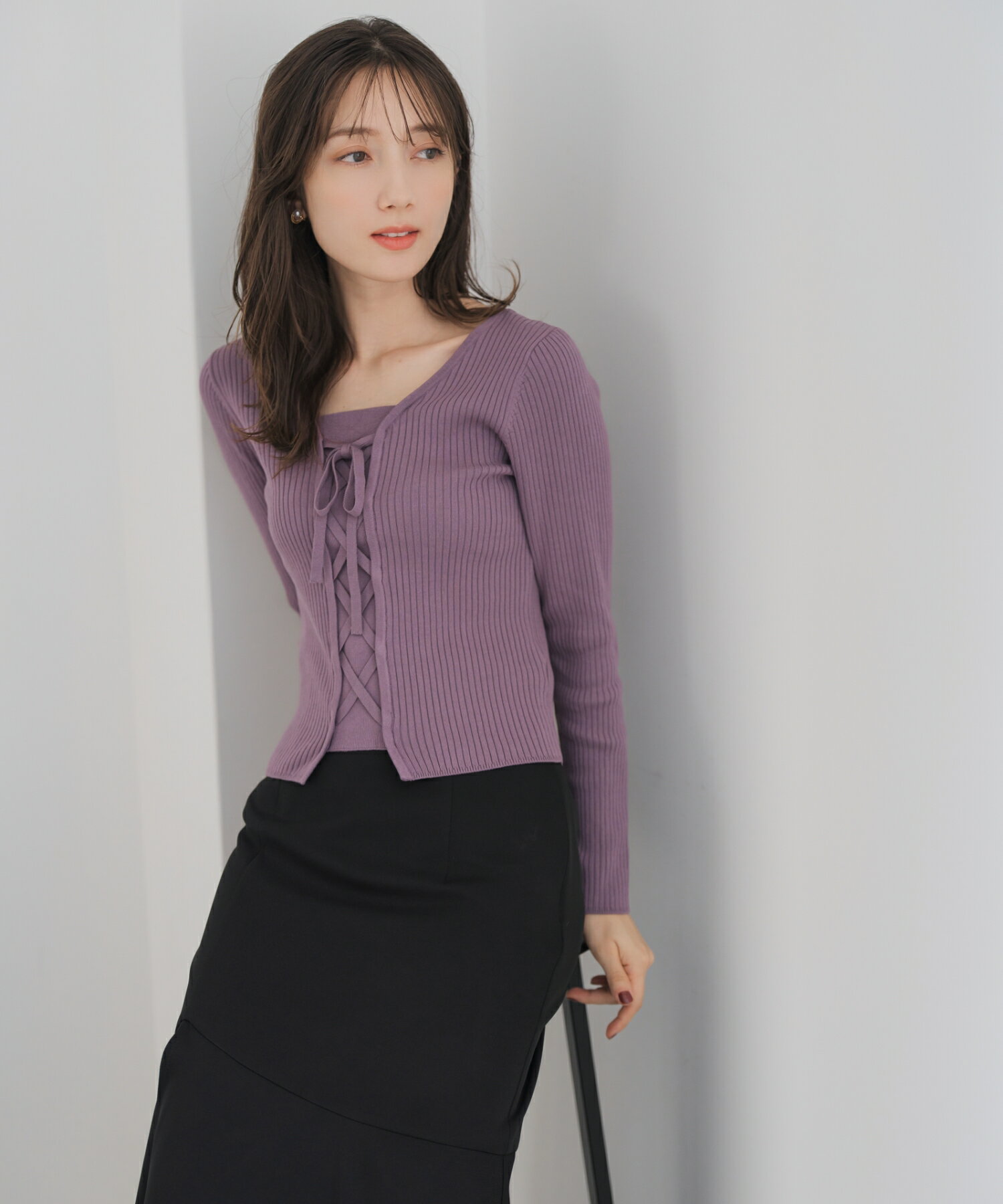 【2025秋冬アイテム】リボン編み上げ2wayニット/MM548302 ミッシュマッシュ リボン 2way 長袖 トップスのサムネイル