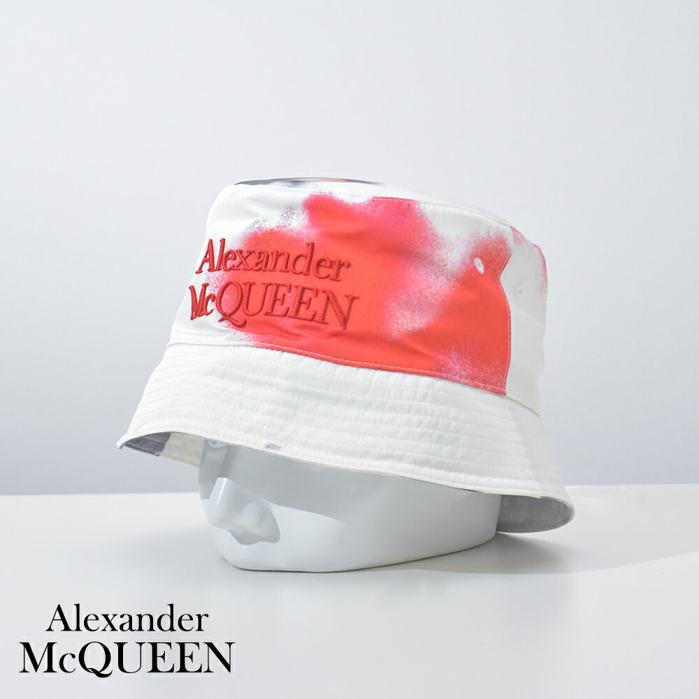 ALEXANDER McQUEEN 帽子 ハット バケットハット プリント ロゴ 白 ホワイト 赤 レッド メンズ ブランド 775837 4404Q 9074