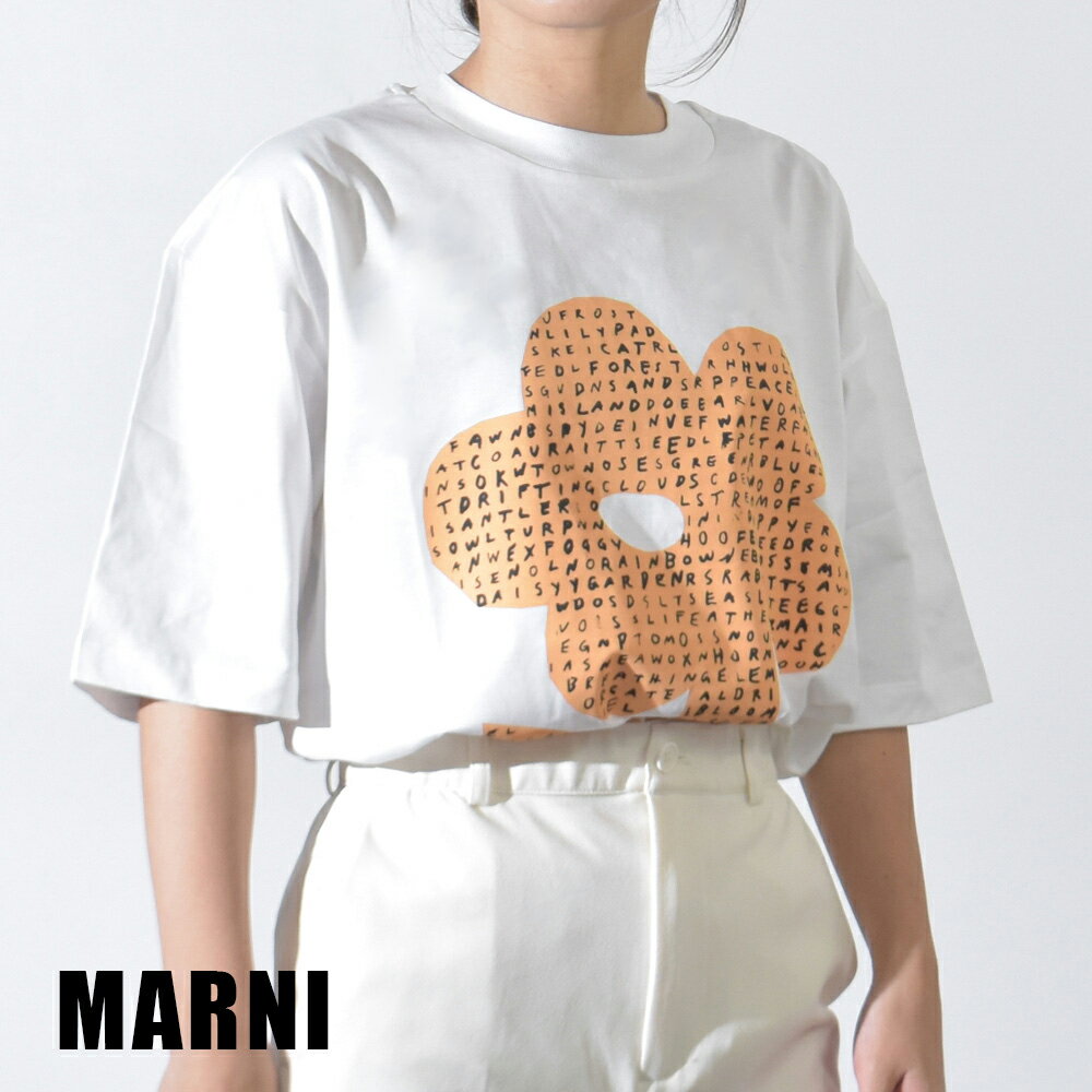 マルニ Tシャツ レディース 花柄 半袖 ブランド オーガニックコットン カジュアル ロゴ MARNI ホワイト オレンジ THJET49P03