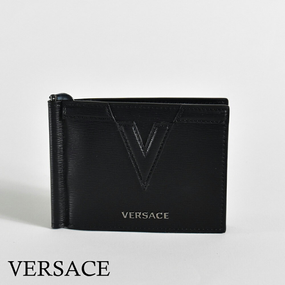 【訳アリ】ヴェルサーチ 財布 メンズ 本革 マネークリップ ブラック ブランド VERSACE VIRTUS ロゴ DPU5978 カーフスキンレザー ベルサーチ