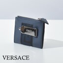 ヴェルサーチ マネークリップ 本革 カーフレザー ネイビー シルバー ロゴ メンズ 薄型 コンパクト ブランド VERSACE コインケース カードケース 1003084