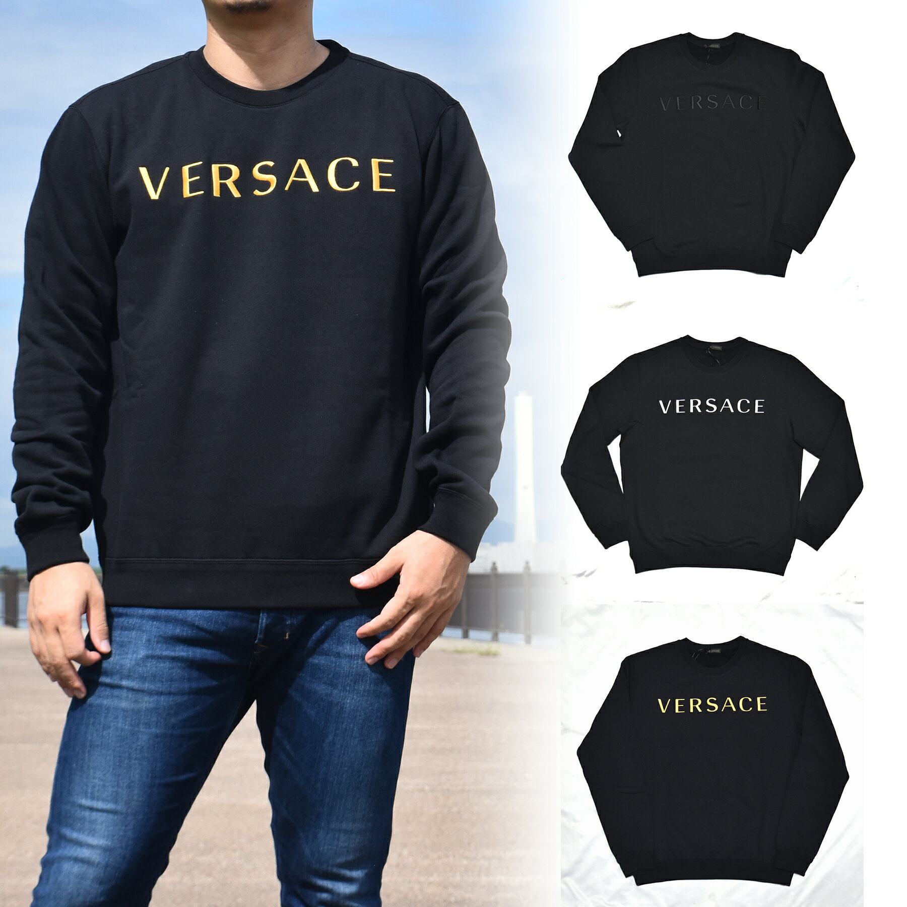 ヴェルサーチ トレーナー メンズ ブランド VERSACE 裏起毛 刺繍ロゴ 裏起毛トレーナー ロゴ かっこいい ブラック 黒 ベルサーチ レディース おおきめ A87019S