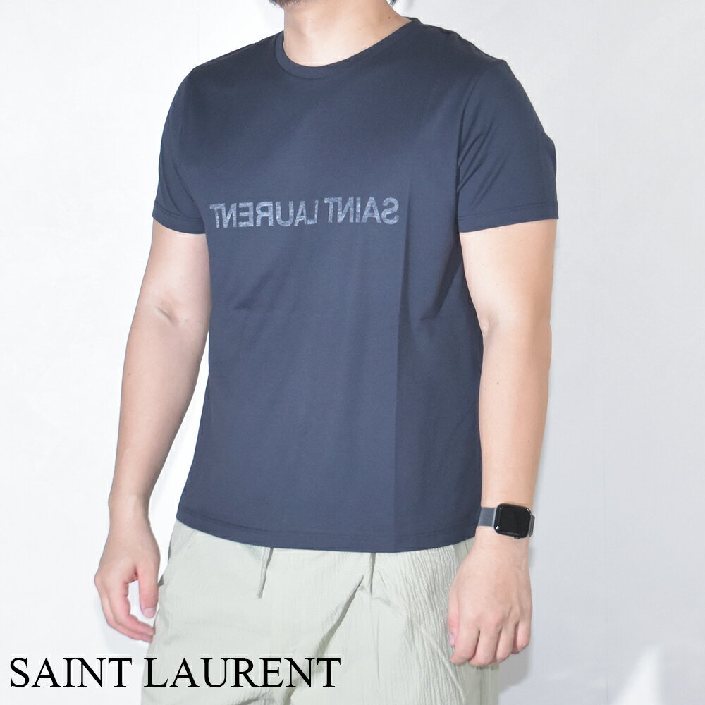 サンローラン リバースTシャツ メンズ 半袖 ラウンドネック ロゴ ネイビー ブランド SAINT LAURENT 663278 Y37AW 4145