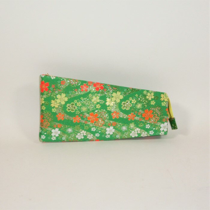 【三味線撥入れ】長唄用 錦 チャック付 緑花柄