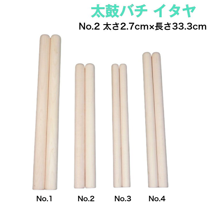商品情報サイズ＜No.2＞尺：9分丸×尺1寸センチ：太さ2.7cm×長さ33.3cmミリ：太さ27mm×長さ333mm2本1組1本あたりの重量の平均値：140g程度同じサイズでも木材の重量は10g程度の個体差がございます。重い、軽いのご希望がある場合は備考欄にてお知らせください。在庫の中からなるべくご希望に添う品をお送りします。在庫数によって、該当するものが無い場合はご了承ください。同じ木材でも一本ごとに色合いと木目は異なりますのでご了承ください。。※当店の太鼓バチは片丸ですが、両丸仕上げをご希望の方はお問い合わせ下さい。素材板屋（イタヤ）商品説明当店の太鼓バチは他にもございます。桧No.1 太さ3.2cm×長さ52cmNo.2 太さ3cm×長さ50cmNo.3 太さ2.8cm×長さ45cm朴No.1太さ3cm×長さ42.4cmNo.2 太さ2.7cm×長さ33.3cmNo.3 太さ2.1cm×長さ33.3cmNo.4 太さ2.5cm×長さ37cm桜No.1太さ3cm×長さ42.4cmNo.2 太さ2.7cm×長さ33.3cmNo.3 太さ2.1cm×長さ33.3cmNo.4 太さ2.5cm×長さ37cmイタヤNo.1太さ3cm×長さ42.4cmNo.2 太さ2.7cm×長さ33.3cmNo.3 太さ2.1cm×長さ33.3cmNo.4 太さ2.5cm×長さ37cm欅（ケヤキ）No.1 太さ2.8cm×長さ35cmNo.2 太さ2.5cm×長さ37cmNo.3 太さ2.2cm×長さ39cm樫No.1 太さ3cm×長さ42.4cmNo.2 太さ2.7cm×長さ33.3cmNo.3 太さ2.1cm×長さ33.3cmNo.4 太さ2.5cm×長さ37cm太鼓バチをいれるバチ袋もございます。【太鼓バチ袋】撥袋 錦 大サイズ【太鼓バチ袋】撥袋 錦 小サイズ一緒にいかがですか？【太鼓バチ】イタヤ 国産 太さ2.7cm×長さ33.3cm No.2 二本一組 太さ9分丸×尺1寸 太鼓ばち 撥 日本製 バチ いたや 板屋 和太鼓 宮太鼓 長胴太鼓 締太鼓 お祭り お囃子 祭囃子 神社 寺院 祭礼 ドラマー 練習 お稽古 習い事 伝統芸能 イタヤは硬く耐久性があります 当店オリジナルの太鼓バチです。国産の木材を使って作っています。太鼓の大きさにより撥の太さ・長さを、求める音質により材質・重さ・形状を決めます。樫など硬い材質のものは組太鼓・成人男子などに向いており、桧、朴など柔らかい材質のものは神仏仏閣・子供、女性にお薦めです。イタヤ(板屋)は硬い材質で耐久性があります。フチや胴打ちで力強く硬い音を出すのに適しています。 2