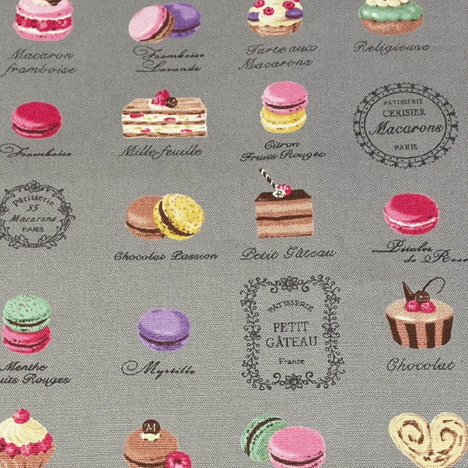 楽天ミシンのサカイ【オックス生地】スイーツ ≪グレー≫【YUWA 有輪商店 クラシカル マカロン くすみカラー レトロ お菓子 入園入学 通園 巾着 ポーチ レッスンバッグ シューズケース バッグ ハンドメイド 手作り 】