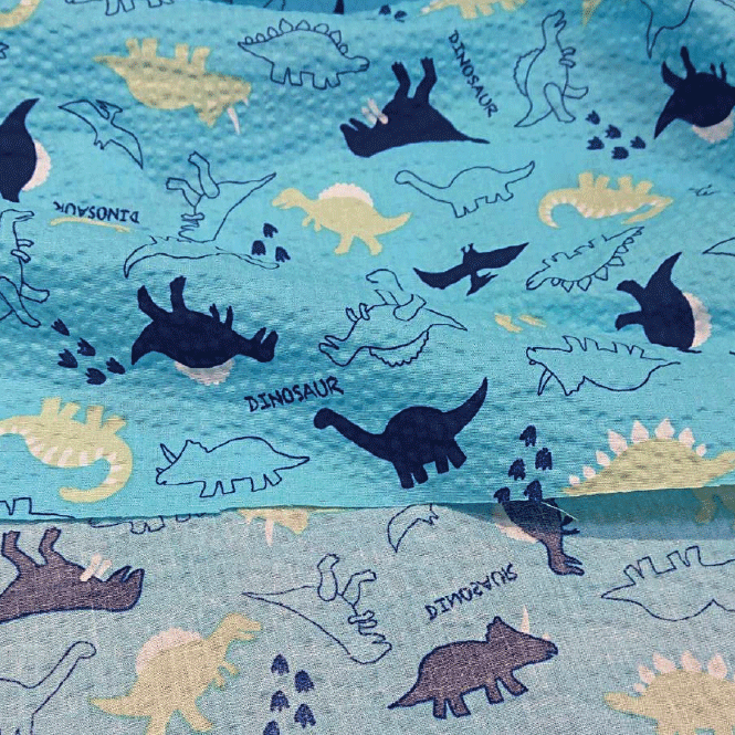 【リップル生地】ダイナソー【サッカー生地 夏 恐竜 白 水色 カワイイ 男の子 涼しい 浴衣 甚平 ステテコ ハンドメイド 手作り】