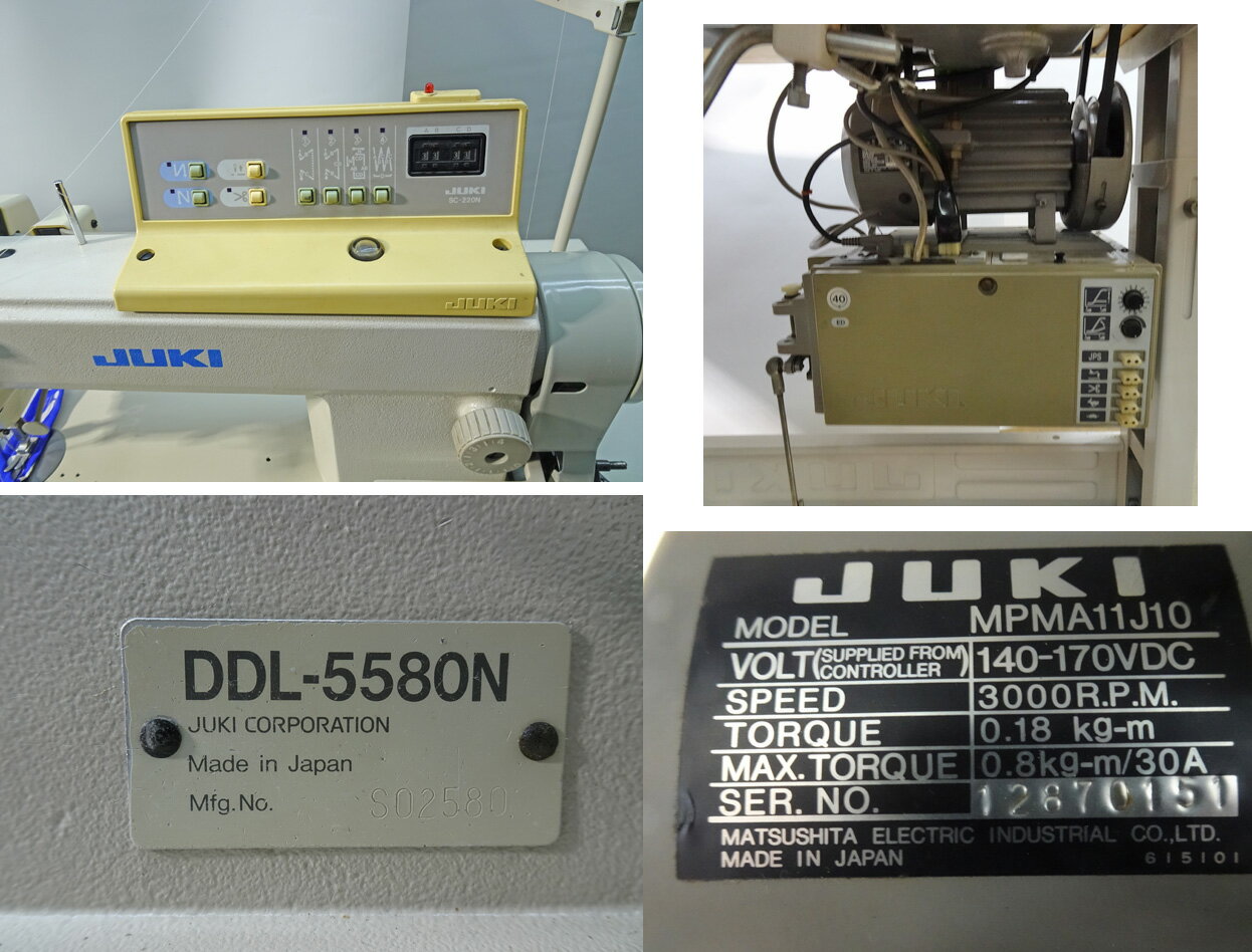 【中古】1本針自動糸切りミシンJUKI　モデルNOーDDL-5580N/SC220 操作パネル付きサーボモーターMPMA11J10　100v