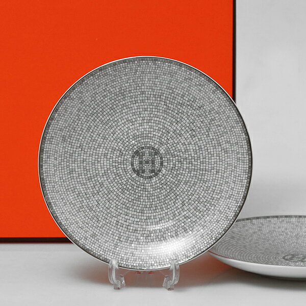 【再入荷！】【2点セット】エルメス HERMES モザイクヴァンキャトル 035012 PLATINUM 丸型 プレート 16cm 絵皿 装飾 陶器