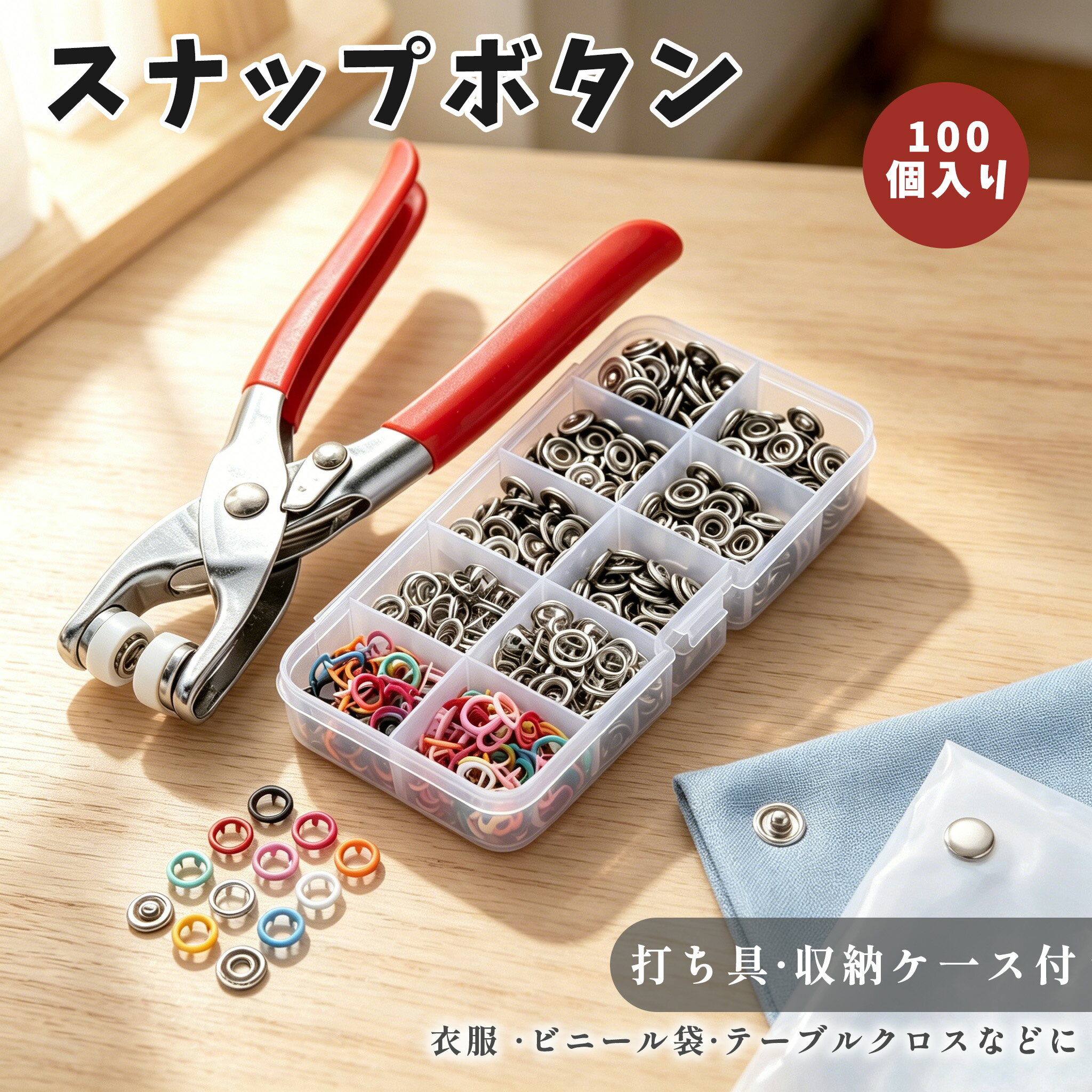 【100個入り】 HIBINO スナップボタン 打ち具 カラフルスナップボタンセット 縫い付け 収納ケース付き 縫製不要 カラフル DIY プレゼント 手芸 簡単操作 ビニール袋 テーブルクロス対応 ジーンズにも プレゼントに最適 テーブルクロス ジーンズ ハンドメイド