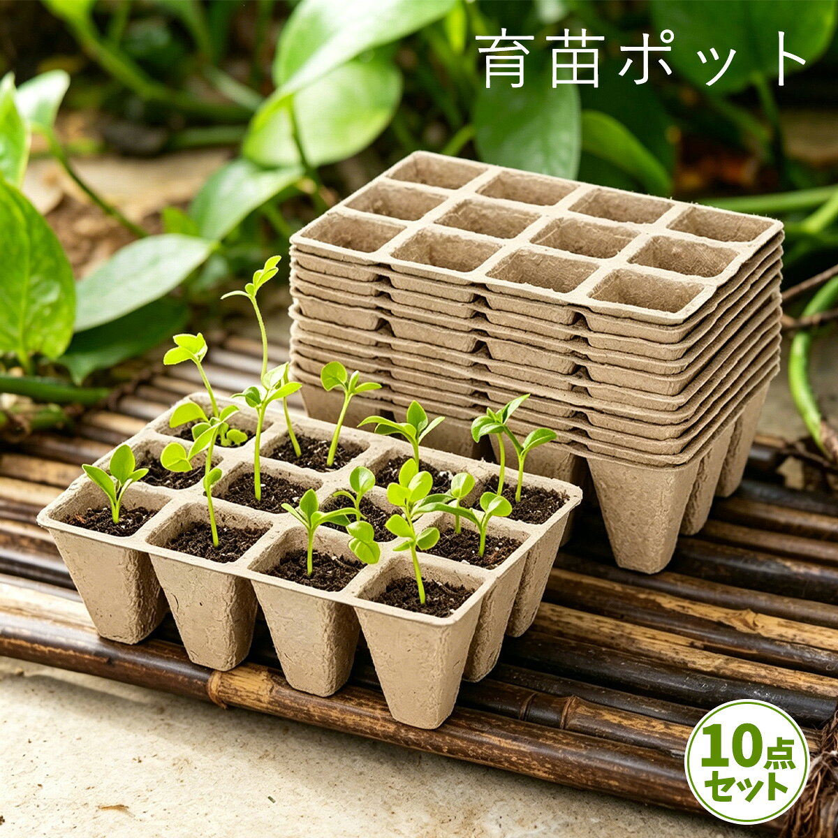 【商品説明】 【育苗移植がより安心】 この育苗ポットは分解可能な材料を用いて作られ、使用後は直接土壌に埋めて自然分解。従来のプラスチック鉢による汚染問題を解消。軽量かつ構造が安定しており、各種育苗ベッドに対応。苗木や野菜の幼苗に自然な生育環境を提供し、グリーンガーデニングの理想的な選択肢です。 【 剥離式設計で移植時の損傷ゼロ】 各育苗穴は剥離可能な構造を採用。苗が成熟した後、鉢から無理に外す必要がなく、直接剥がすだけで土ごと苗を取り出せます。根の健全性を最大限に保護し、移植時の生存率を大幅に向上。家庭菜園や庭先ガーデニングの育苗作業をより効率的かつ手間いらずで実現します。 【10個セット120穴の大容量で】 この育苗ポットセットには12穴育苗トレイが10個含まれ、合計120穴の大容量設計。野菜の種まき、苗木育成、花卉栽培などの大量育苗ニーズを一度に満たせます。トレイ同士が密着して組み立てられるため、集中管理が容易で、育苗スペースと時間コストを大幅に節約。 【苗木専用設計で移動も簡単】 苗木育成や育苗ベッドシーンに特化。各種標準育苗ベッドにぴったりフィットする精密サイズで安定性抜群。軽量素材とコンパクトデザインにより、庭、バルコニー、育苗ハウスなど様々な場所へ柔軟に移動可能。家庭菜園からプロの育苗まで幅広く対応。 【多様なシーンに対応する万能設計】 野菜栽培、苗木育成、花卉播種など幅広い植物栽培シーンに適用。家庭用バルコニー菜園、庭造景からプロ用育苗ベッドまで容易に対応。中核ガーデニング用品として、園芸愛好家にワンストップ育苗ソリューションを提供。 【注意事項】 ※素材感や色合いの表現には差があります。 ※お使いのパソコンのモニター環境により色合いが違って見える場合がありますので、ご了承の上ご注文お願い致します。 ※採寸はスタッフによる平置きの実寸となりますので、多少の誤差が生じる場合があります。 ※ご使用中の破損や破れにつきましては責任を負いかねます。 ※当店では海外輸入商品も取り扱っております。パッケージが海外仕様（中国語・英語など）となる場合がございます。 ※商品やパッケージのほこり、傷、破損などについては、ご容赦ください。これらの理由による返品はお受けできませんので、あらかじめご了承願います。 ※受け取り者氏名は会社名または英語名では使用できません、本名で使用しなければなりません。 ※住所不備（番地抜け*集合住宅名*部屋番号）がございますと発送はストップいたしますのでご注意ください。 ※商品がお手元に届きましたら、商品に不具合が無いかご確認ください。 万が一欠陥、不良、違う商品が届いた場合、配送中で商品が壊れたなどの原因で返品、 交換のご希望の場合、必ず商品到着後7営業日以内にメール/お問い合わせにてご連絡ください。 メーカー希望小売価格はメーカーカタログに基づいて掲載しています